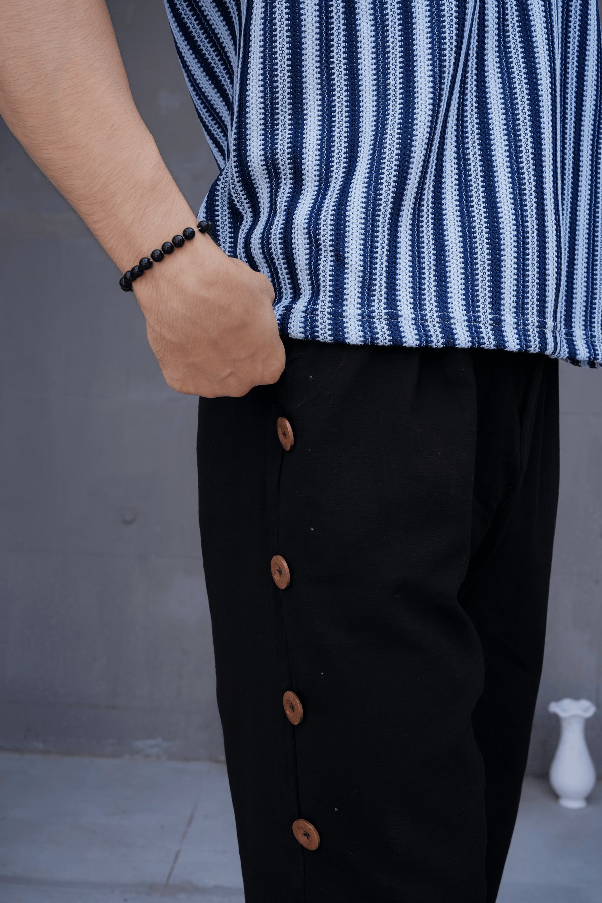 Black Snap Side Trousers - side button detail