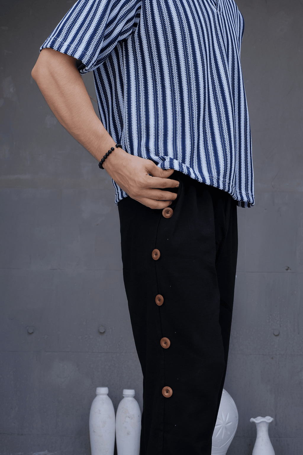 Black Snap Side Trousers - side button close up