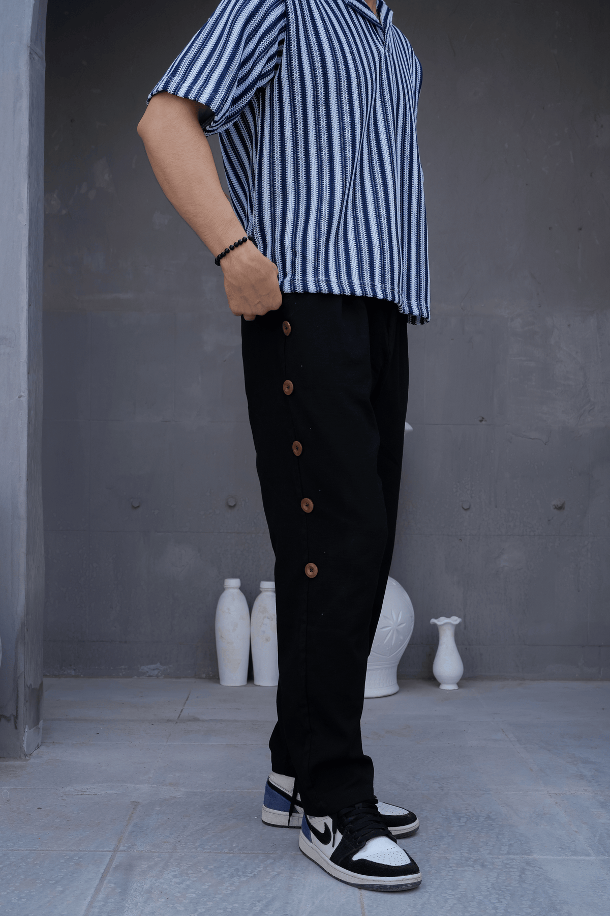 Black Snap Side Trousers - full leg view