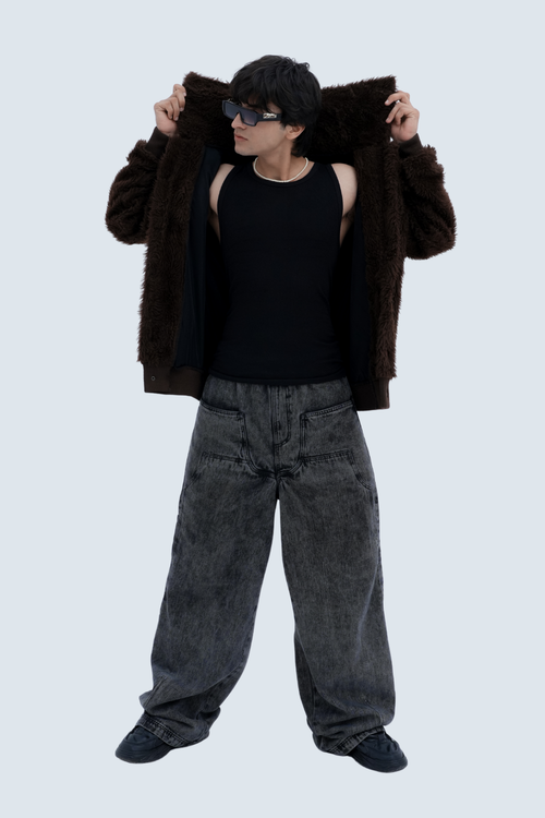 Espresso Faux Fur Jacket - front view worn open