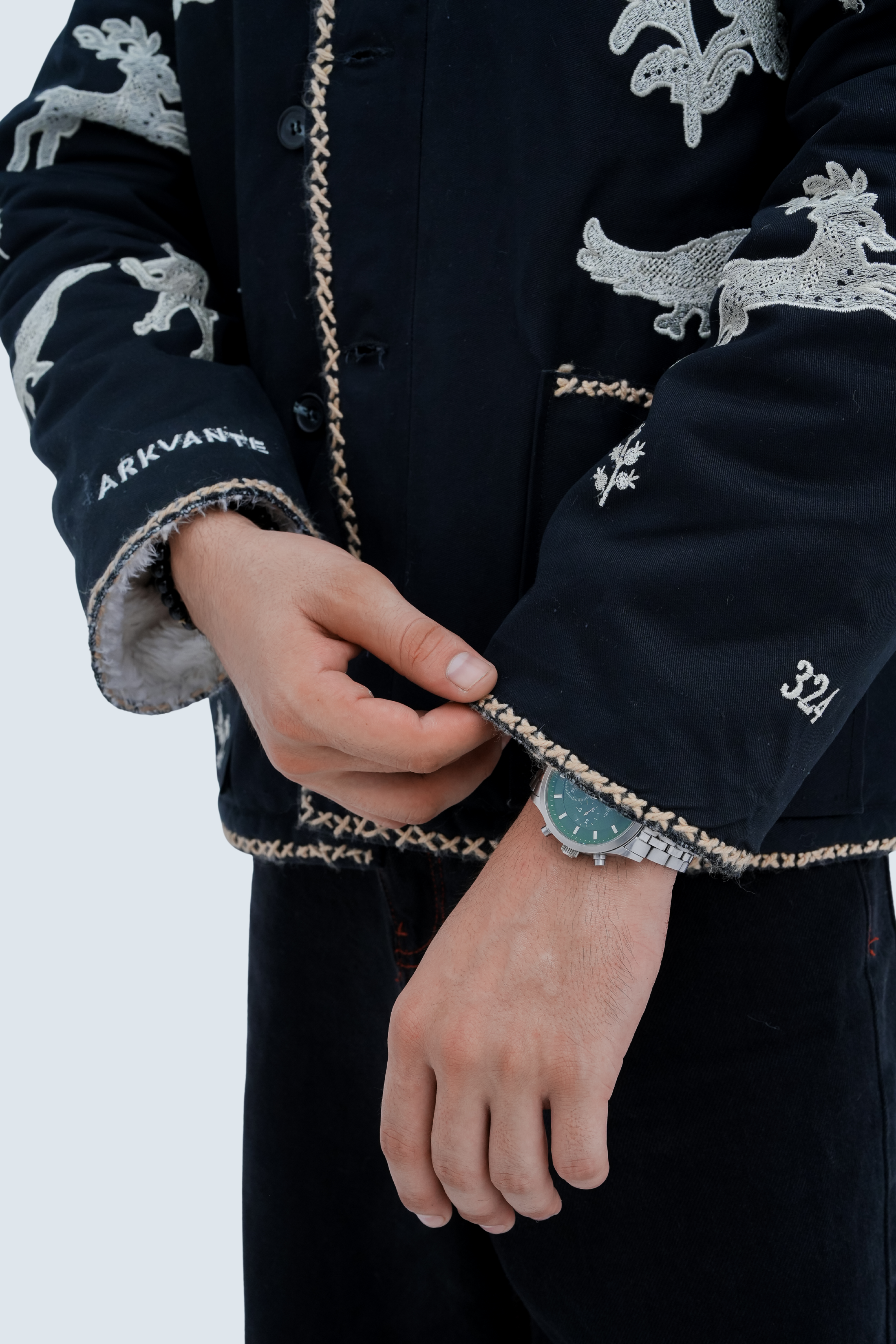 Folk Embroidered Chore Jacket - cuff and embroidery detail