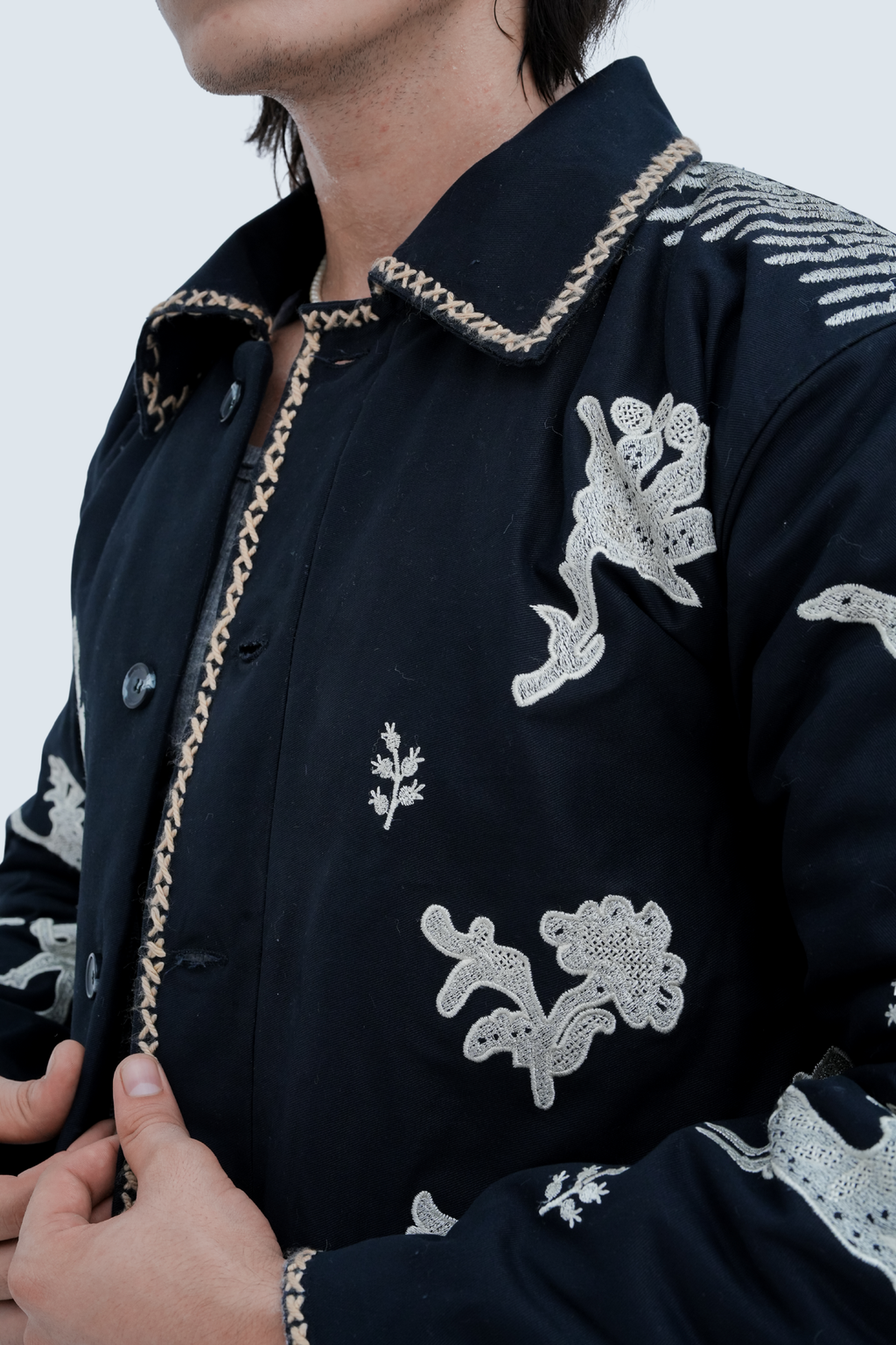 Folk Embroidered Chore Jacket - detail view
