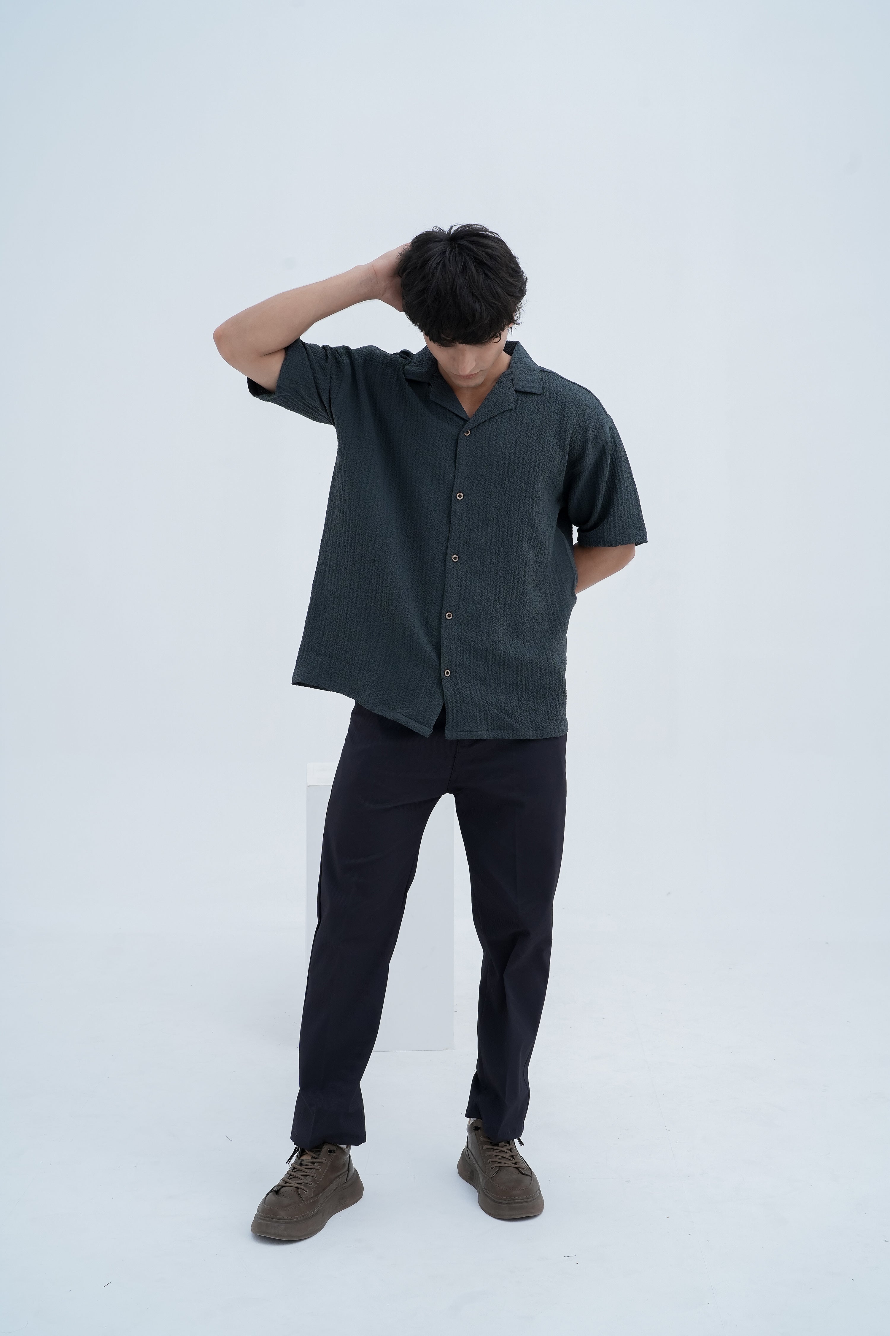 Horizon Camp Shirt in Charcoal - side action pose