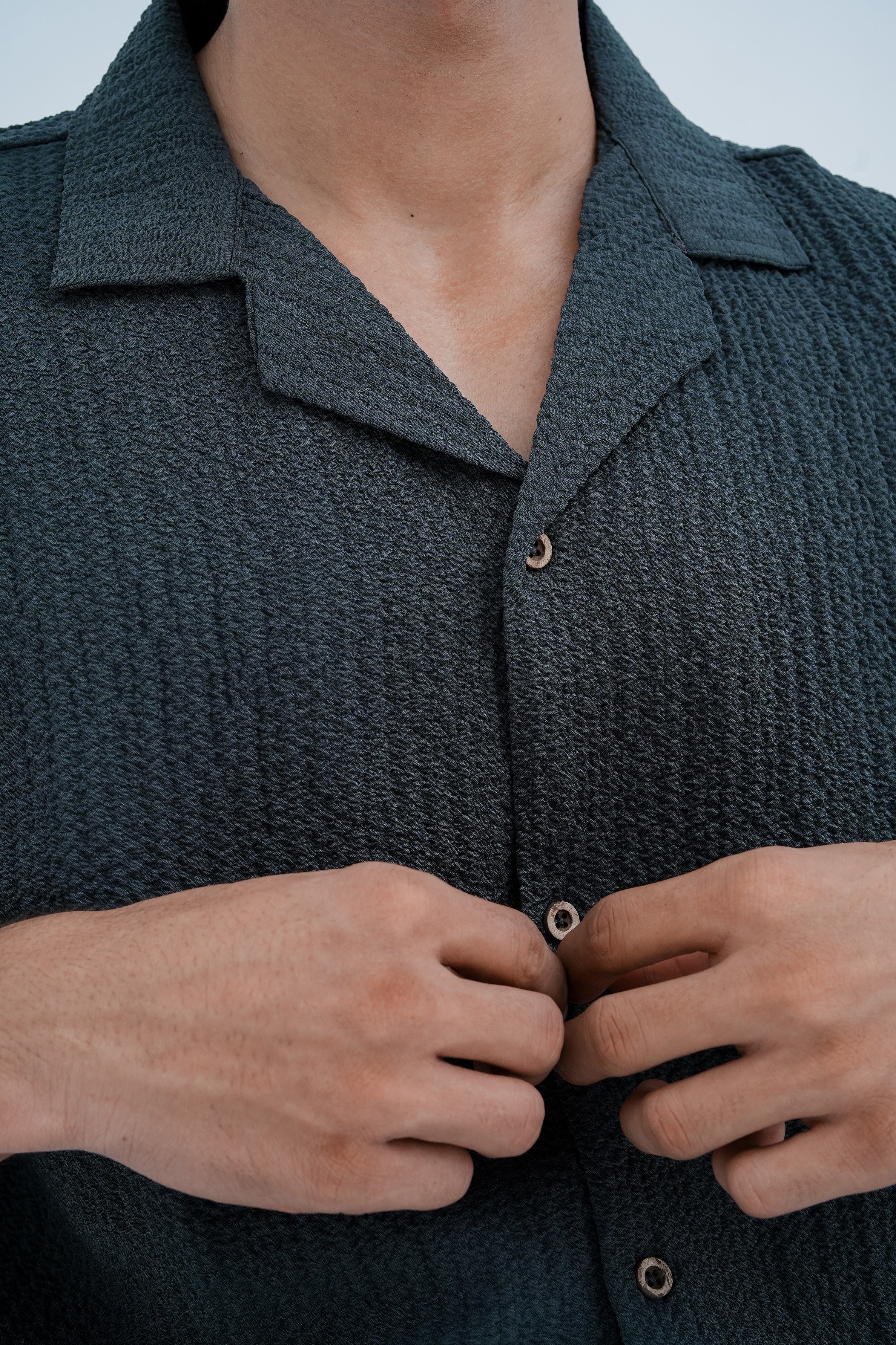 Horizon Camp Shirt in Charcoal - button detail
