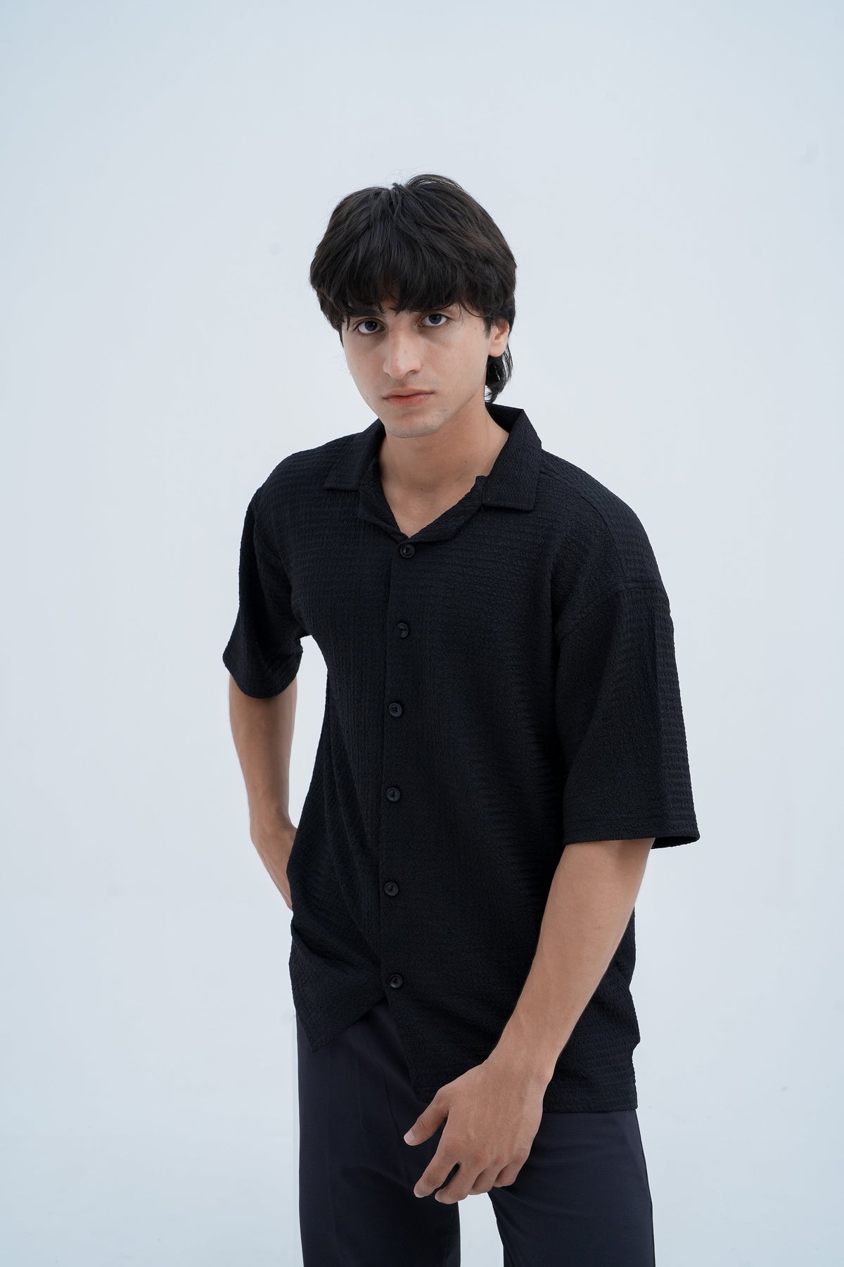 Ripple Camp-Collar Shirt in Black - front view