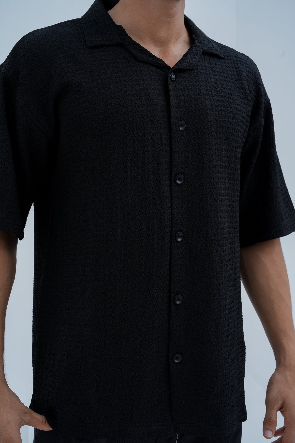 Ripple Camp-Collar Shirt in Black - fabric texture detail