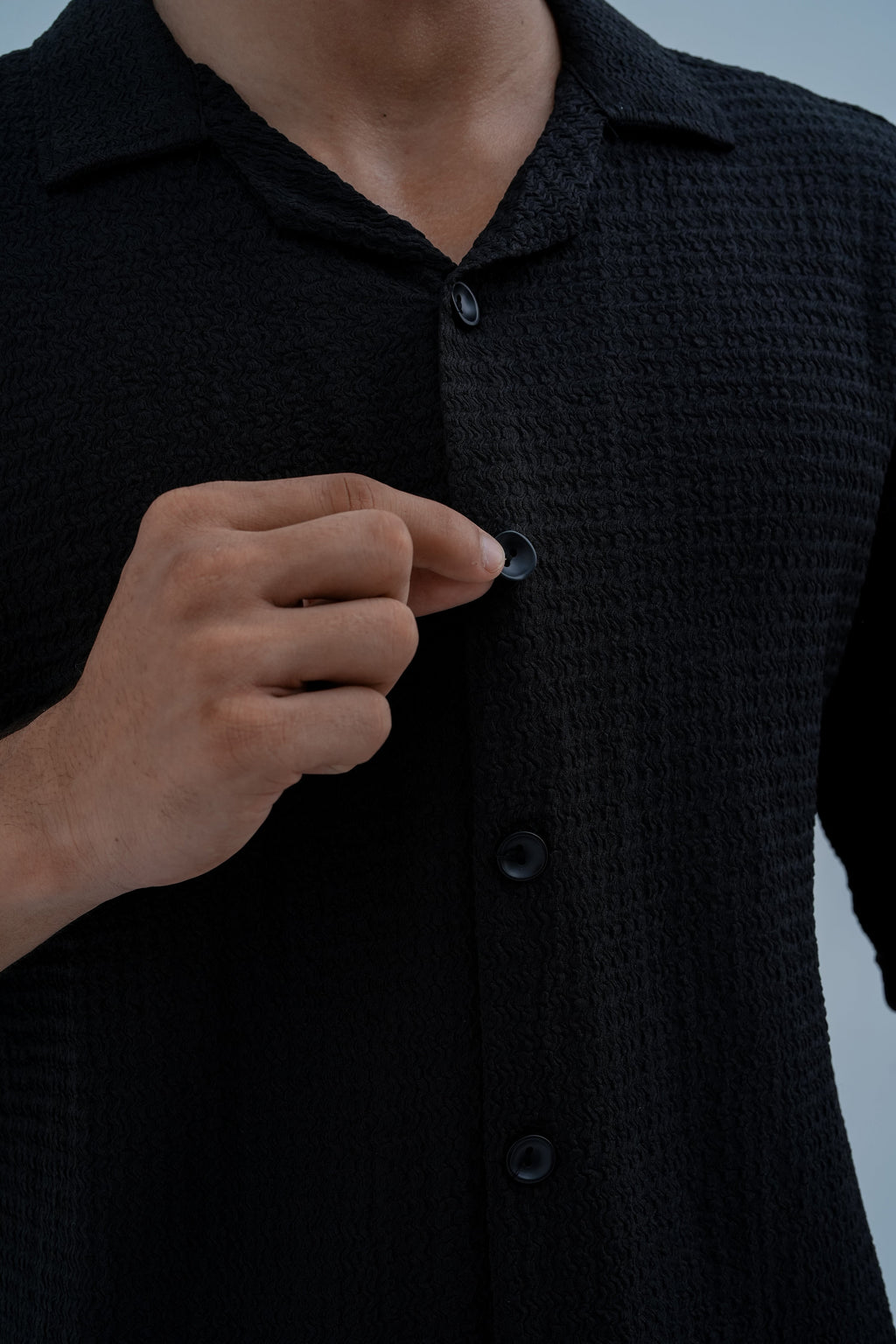 Ripple Camp-Collar Shirt in Black - button detail