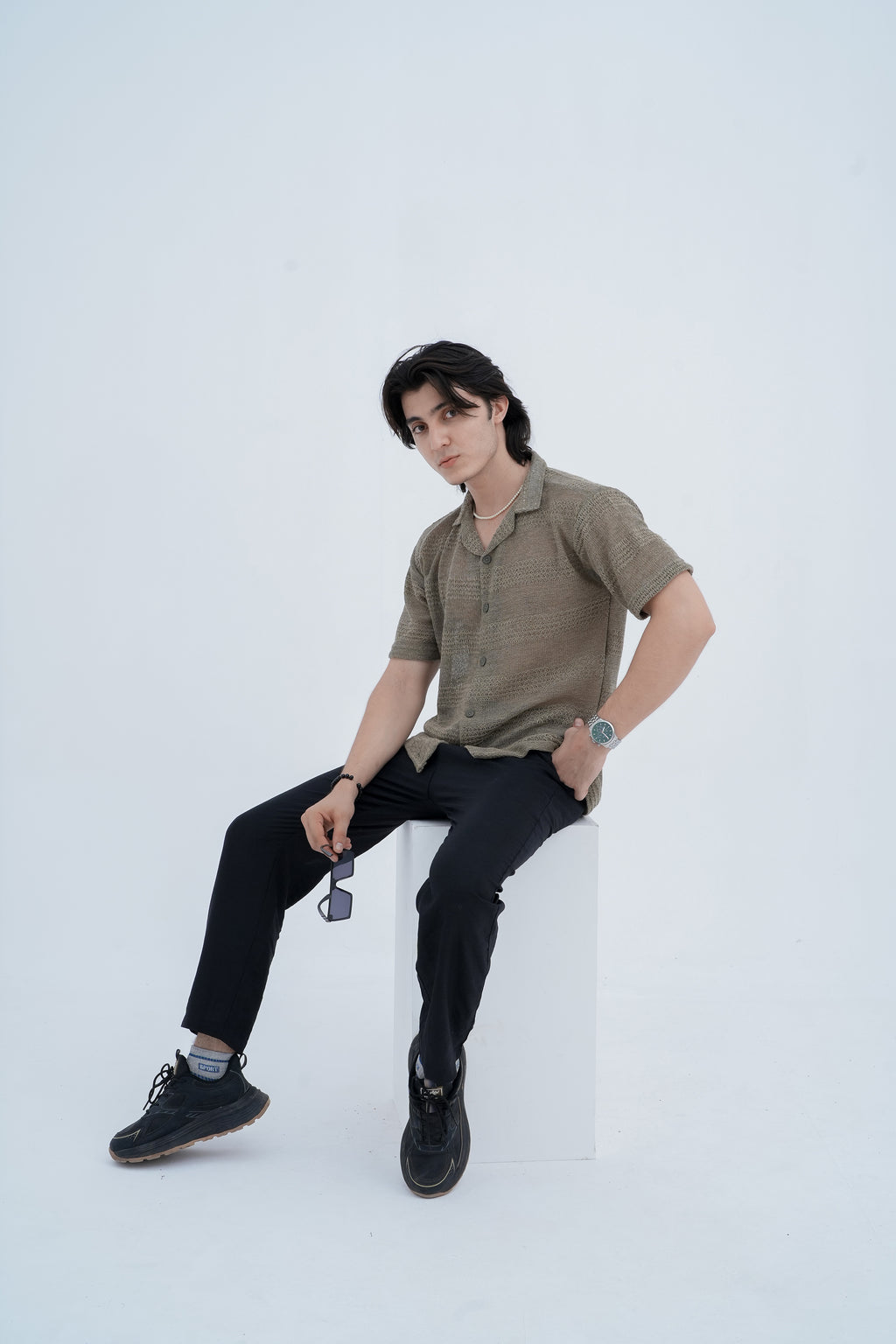 Sage Knit Camp Shirt - seated pose