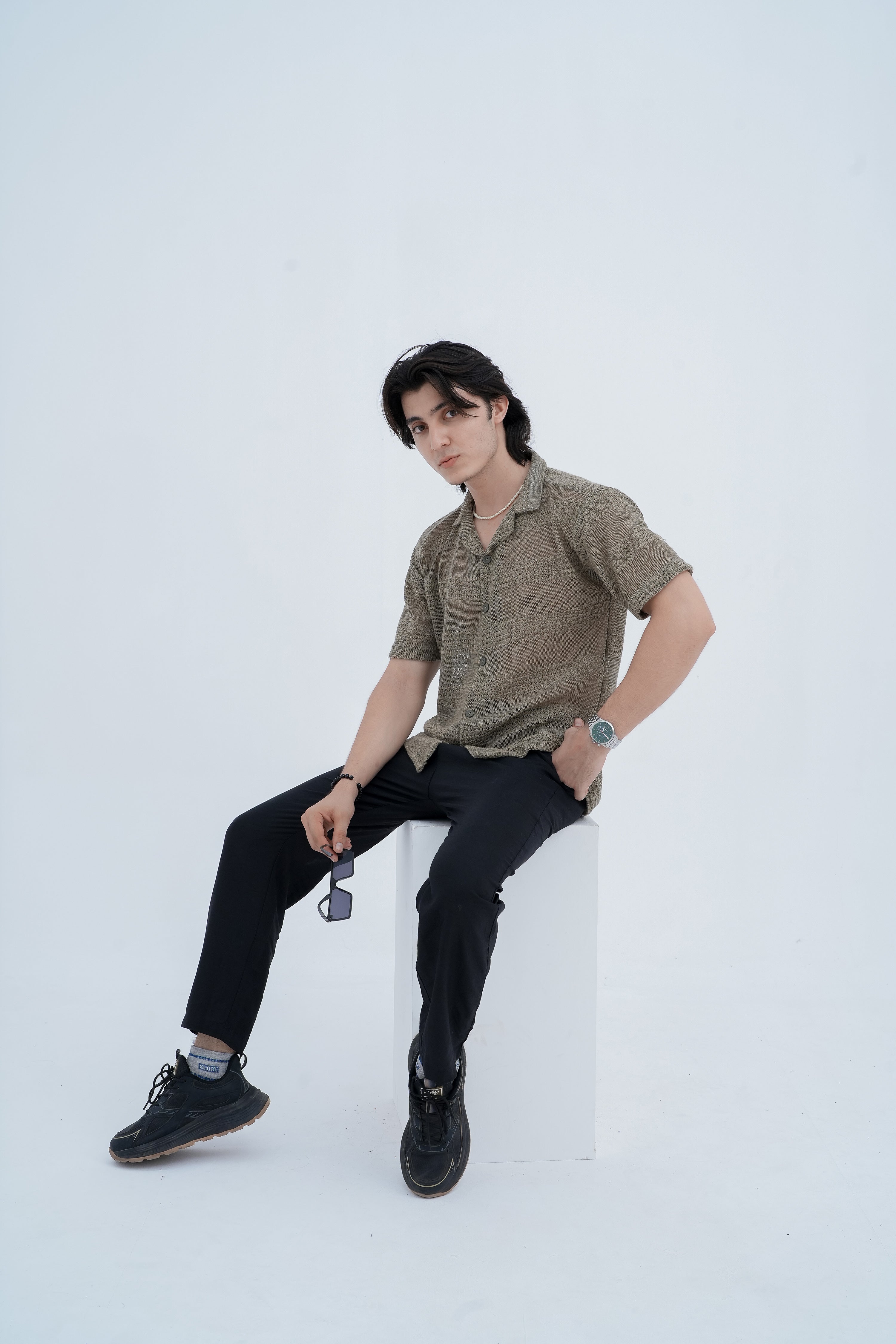 Sage Knit Camp Shirt - seated pose