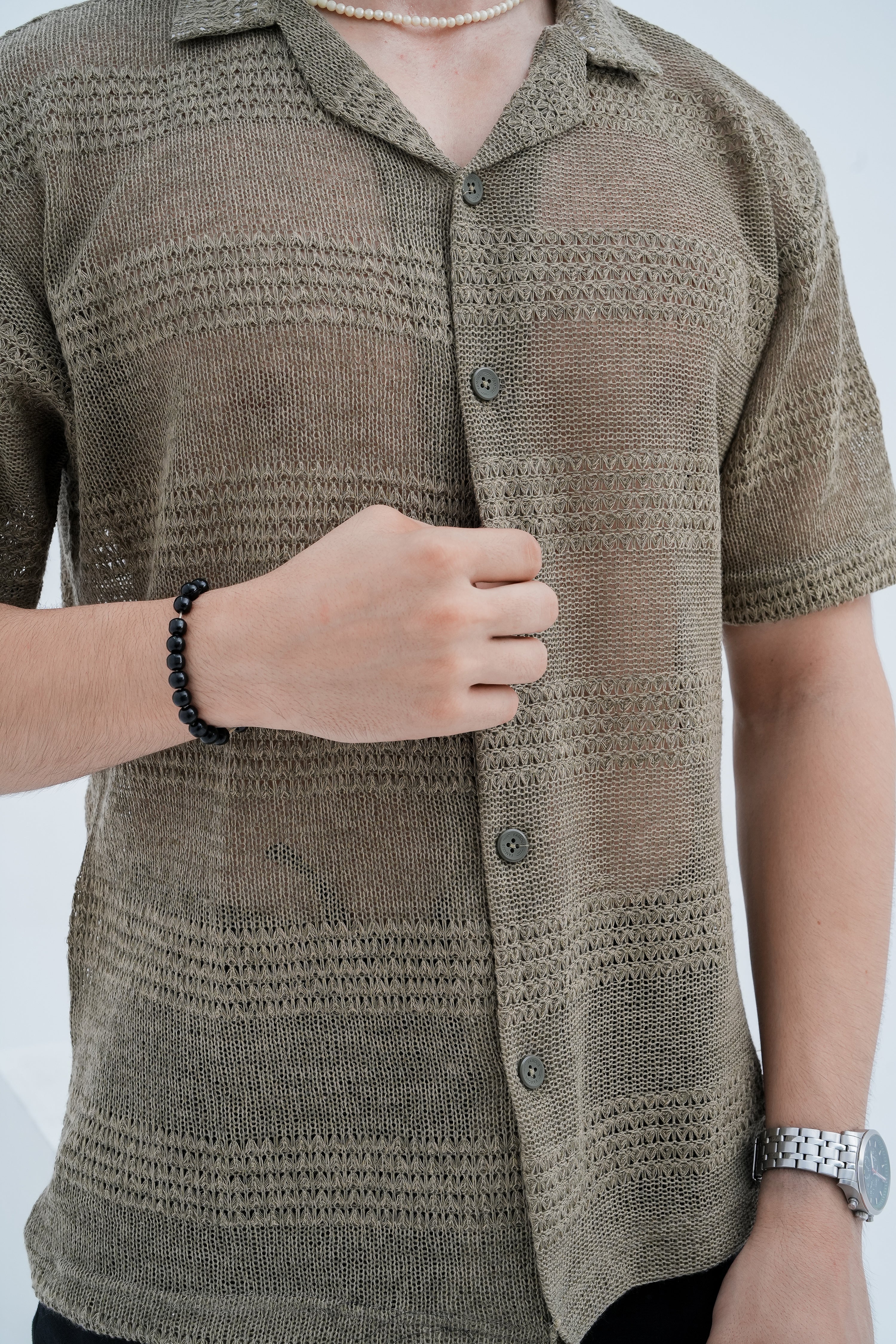 Sage Knit Camp Shirt - front buttoning