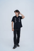 Bloom Embroidered Camp Shirt in Black - front view