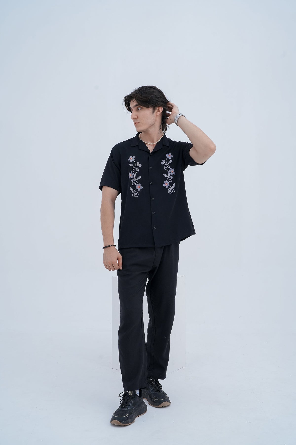 Bloom Embroidered Camp Shirt in Black - front view