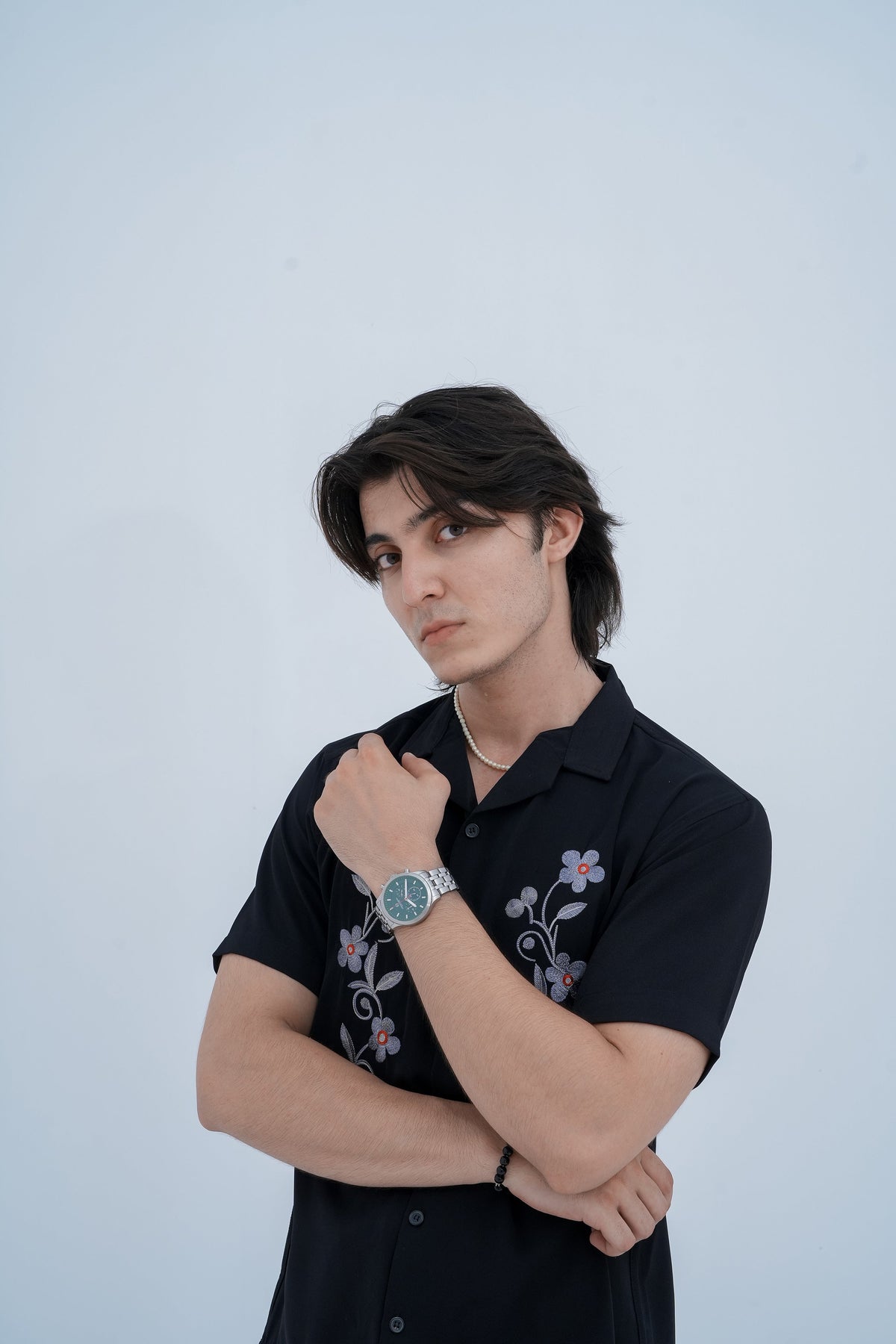 Bloom Embroidered Camp Shirt in Black - side view