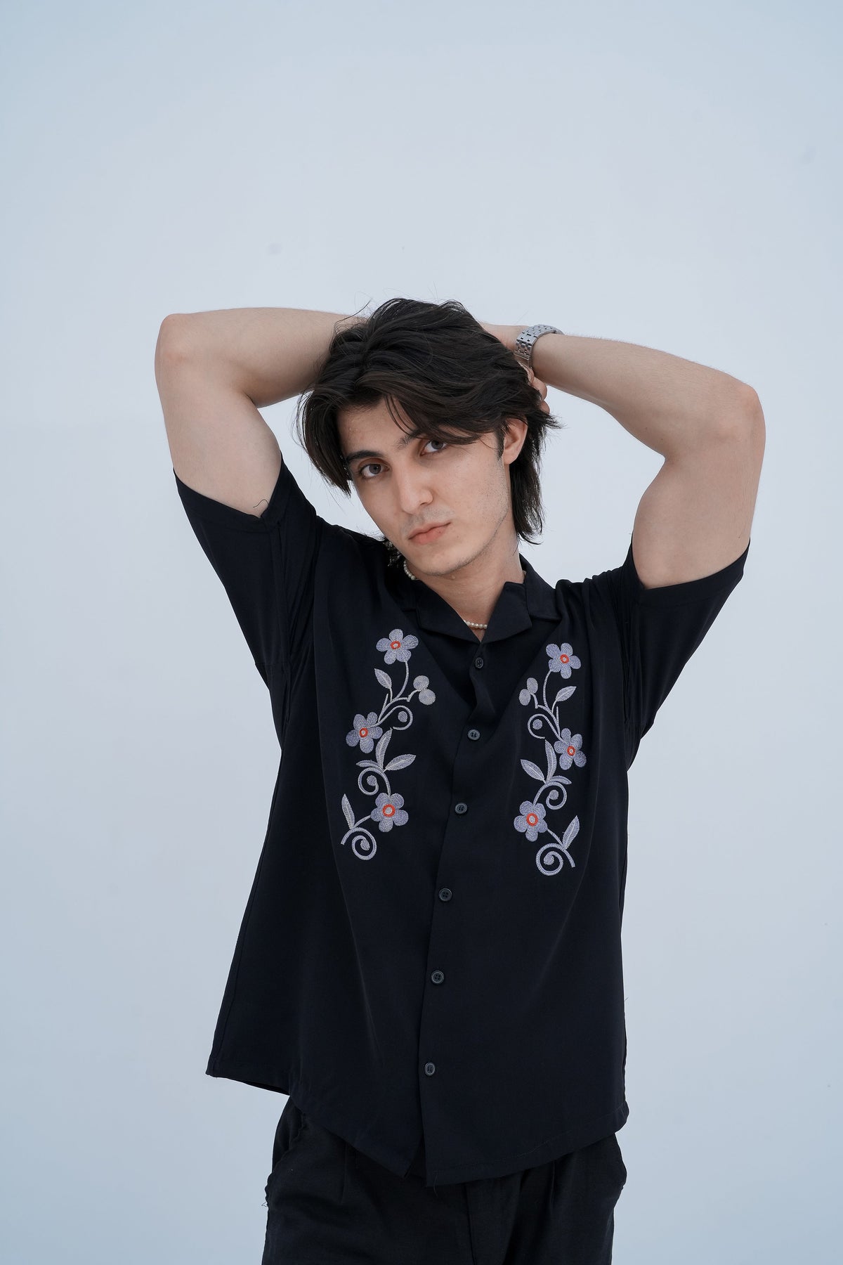 Bloom Embroidered Camp Shirt in Black - sleeve embroidery detail