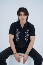 Bloom Embroidered Camp Shirt in Black - seated pose