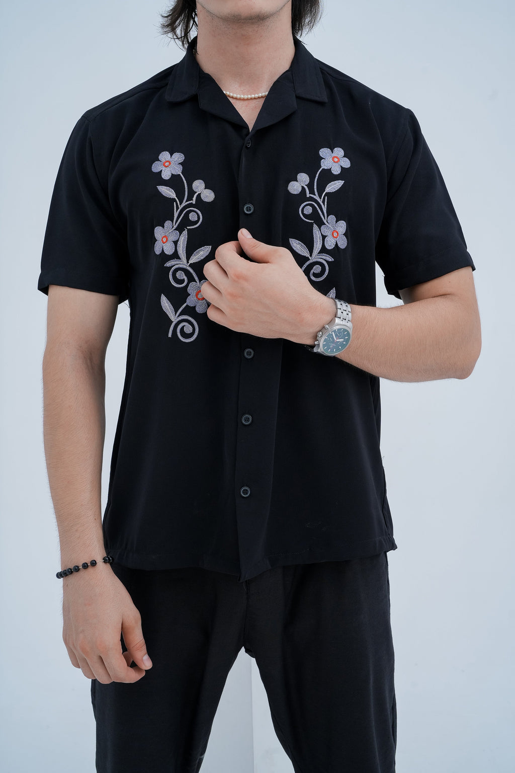 Bloom Embroidered Camp Shirt in Black - embroidery detail