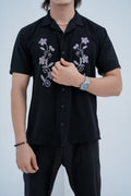 Bloom Embroidered Camp Shirt in Black - embroidery detail