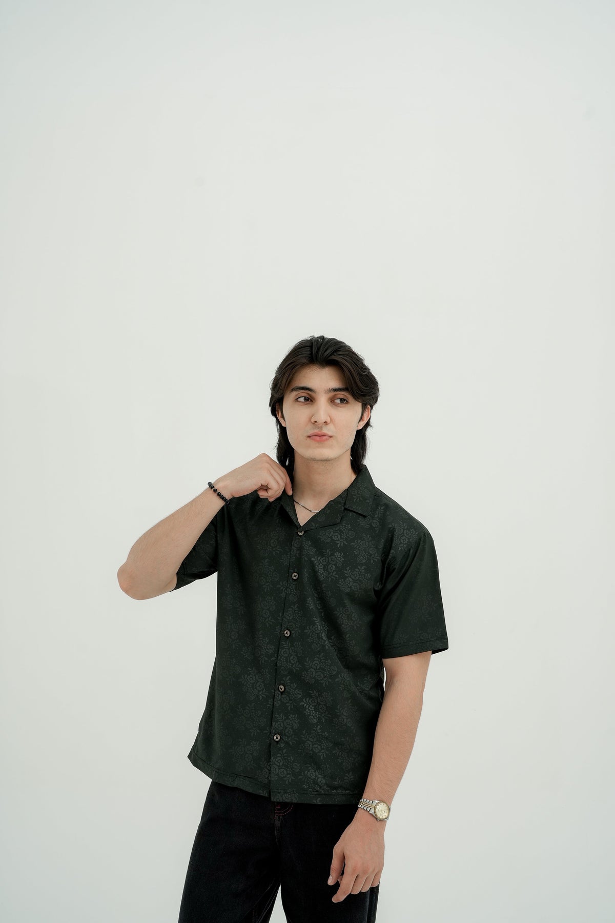 Moss Jacquard Camp Shirt - front detail pose