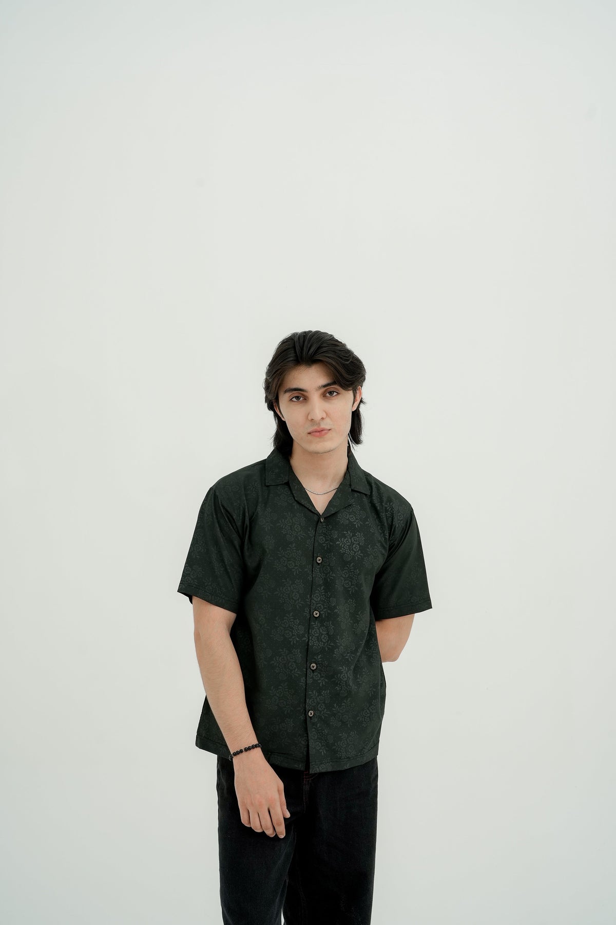 Moss Jacquard Camp Shirt - front view close