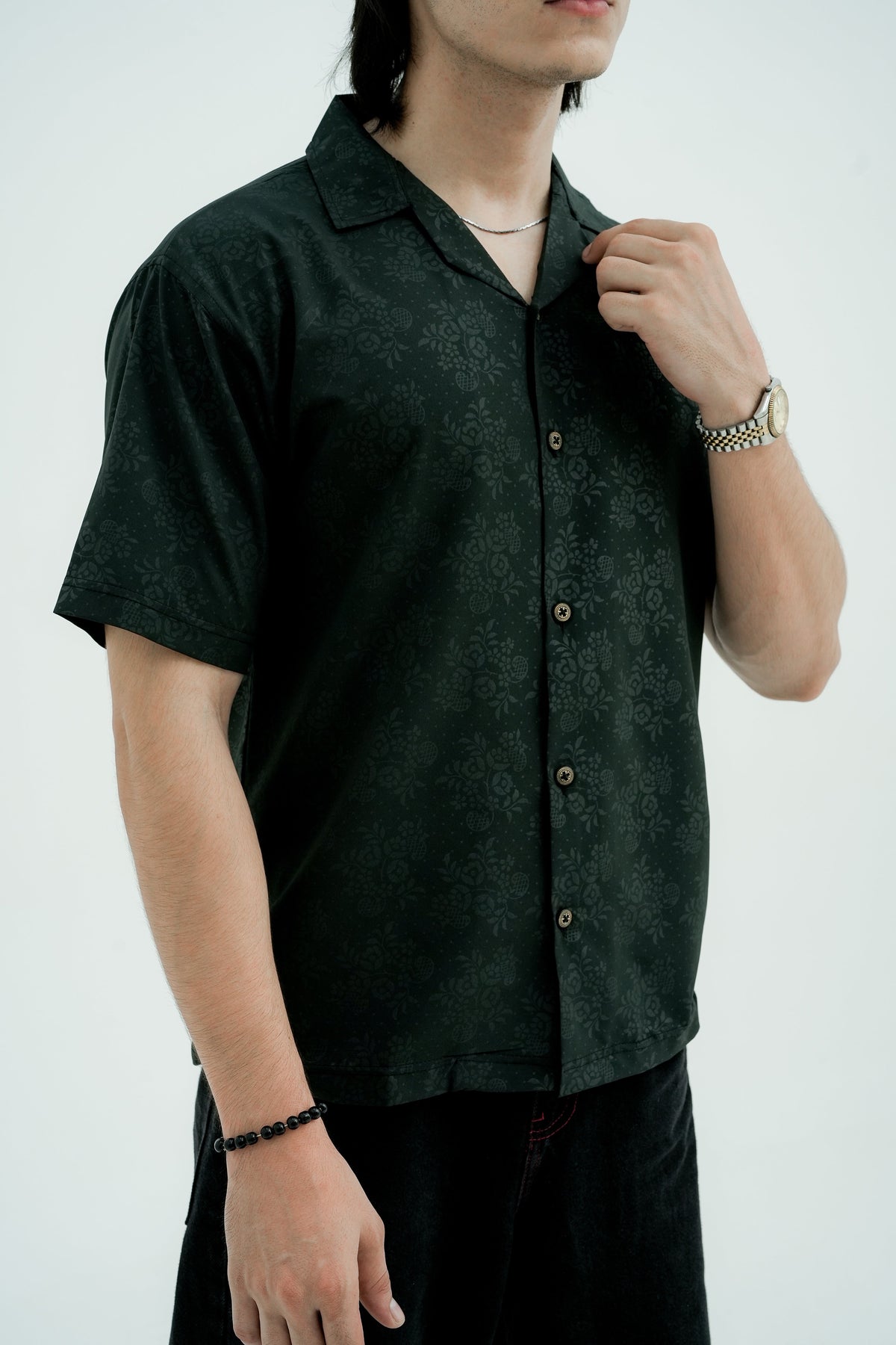 Moss Jacquard Camp Shirt - collar detail
