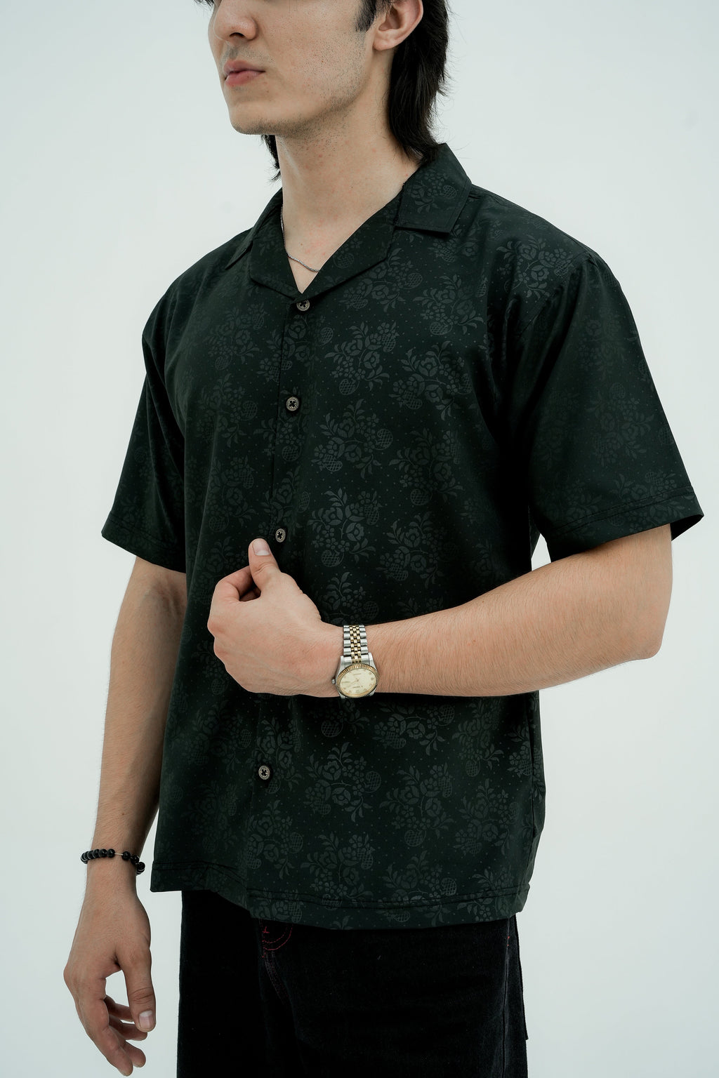 Moss Jacquard Camp Shirt - side pose