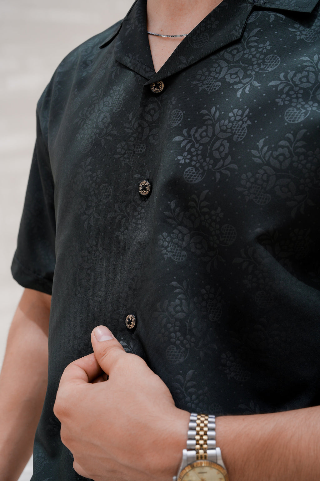 Moss Jacquard Camp Shirt - placket detail