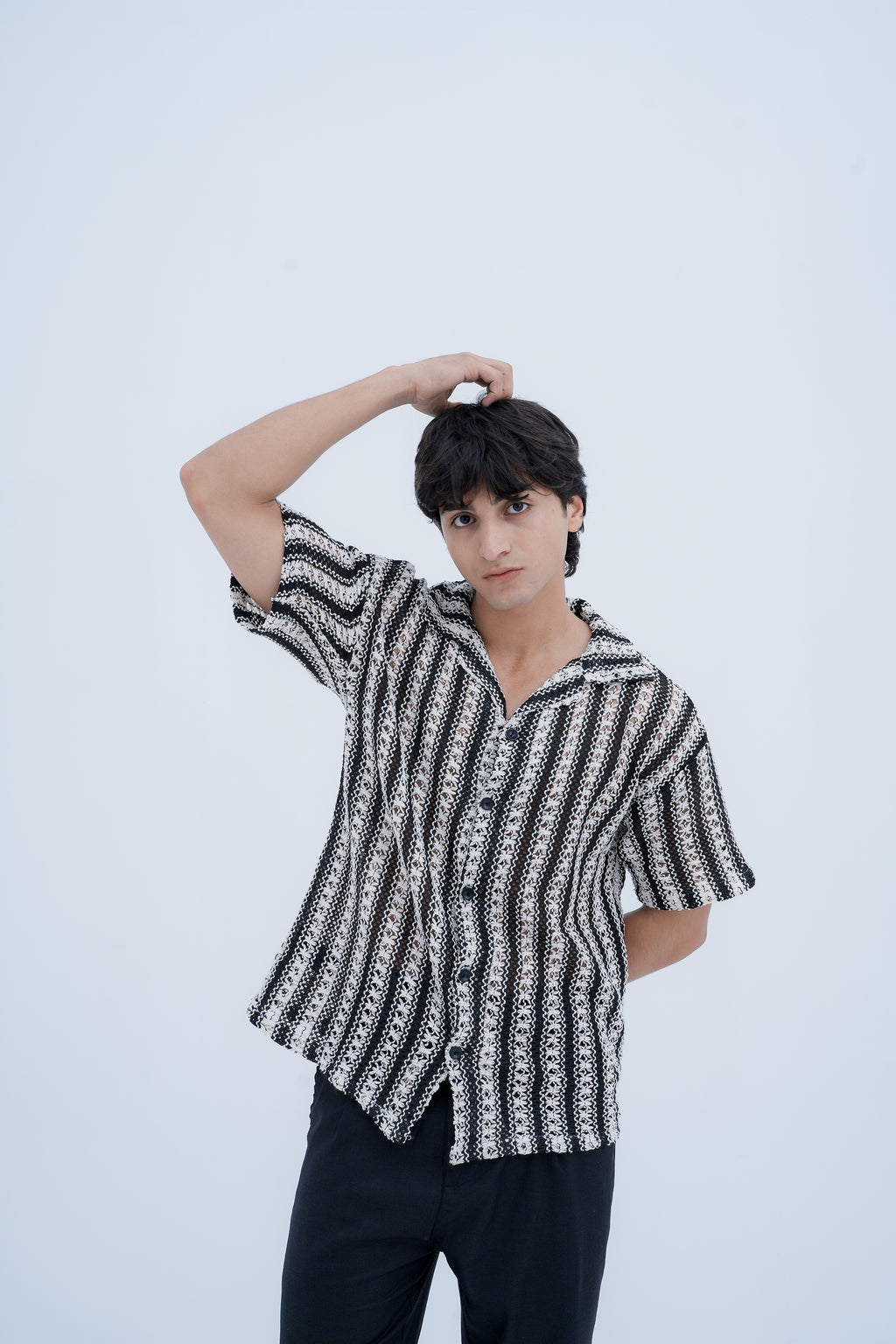 Pinstripe Camp Shirt - hand in hair pose