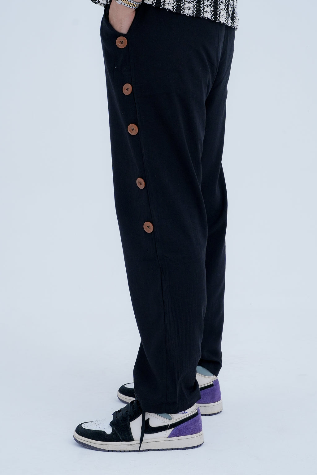 Snap Side Trousers in Black - side button detail alternate