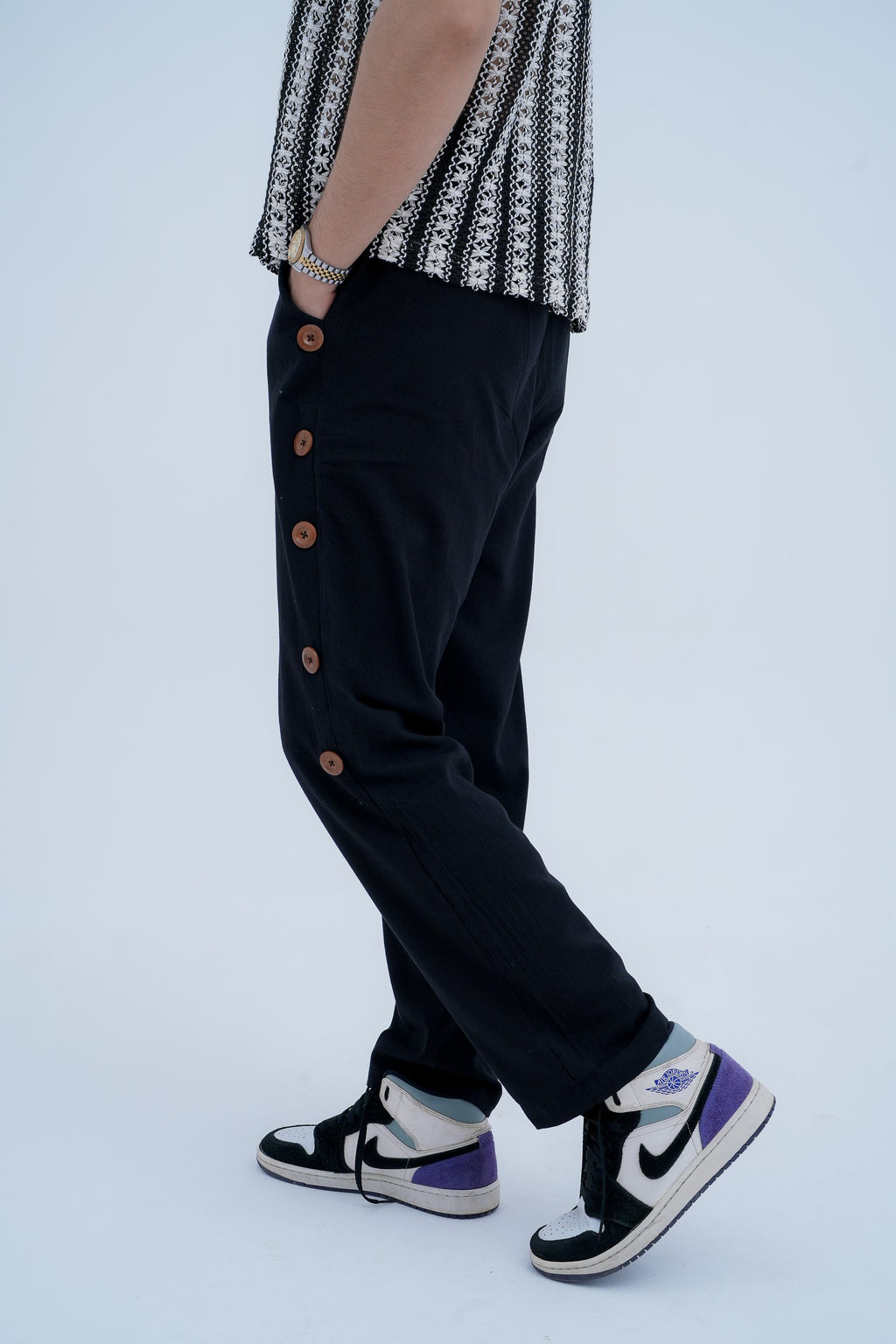 Snap Side Trousers in Black - front view