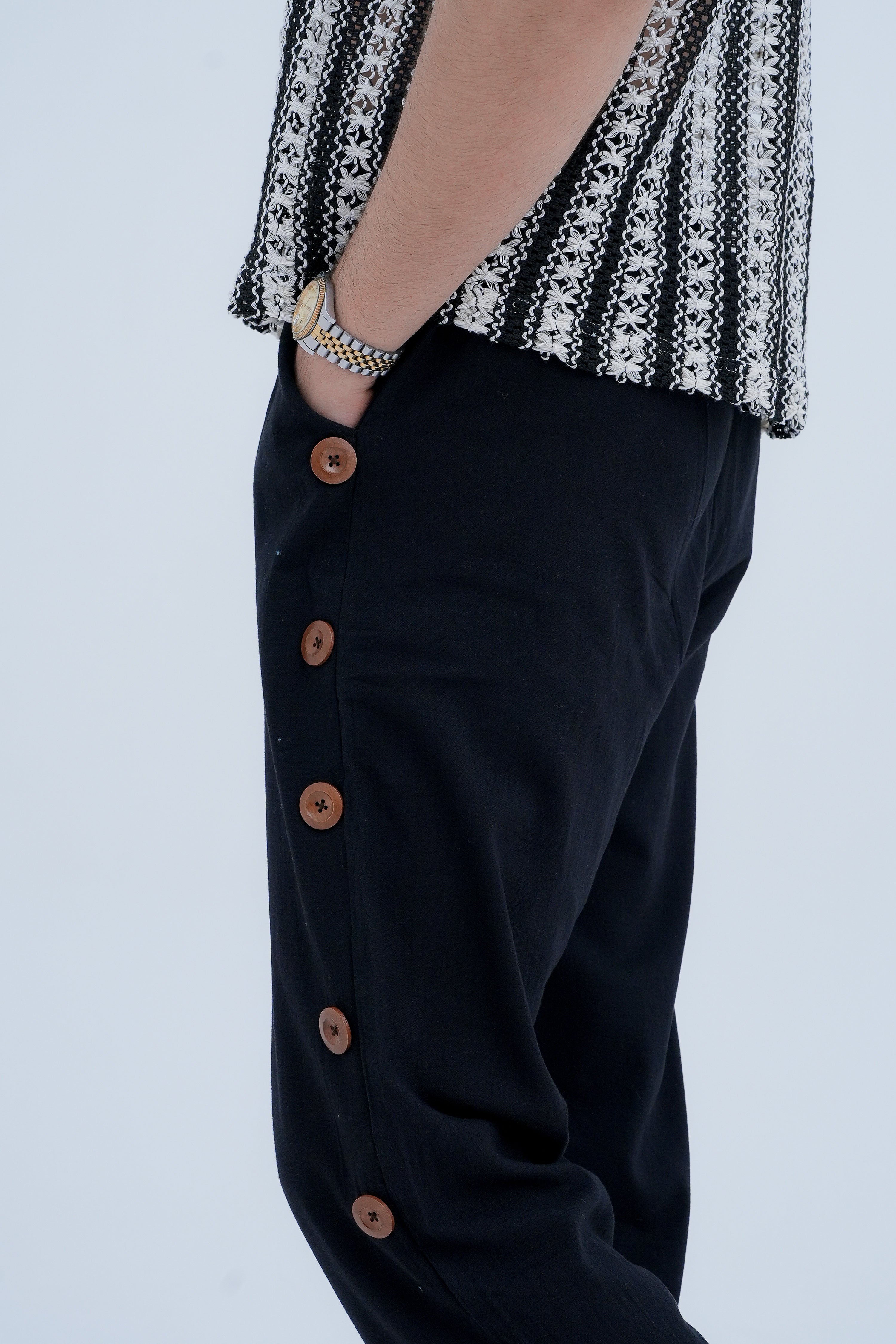 Snap Side Trousers in Black - button close up