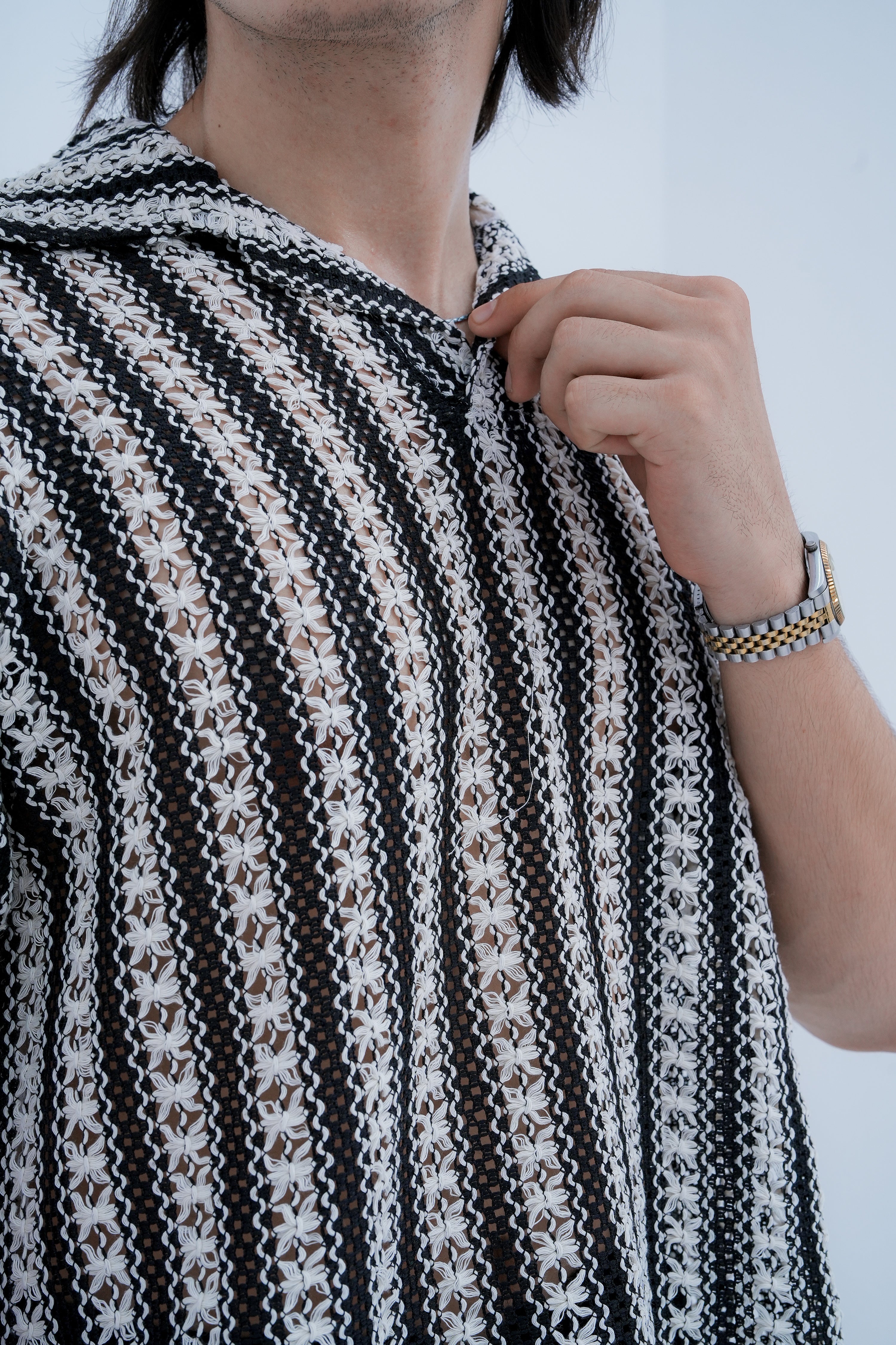 Pinstripe Camp Shirt - collar adjust pose