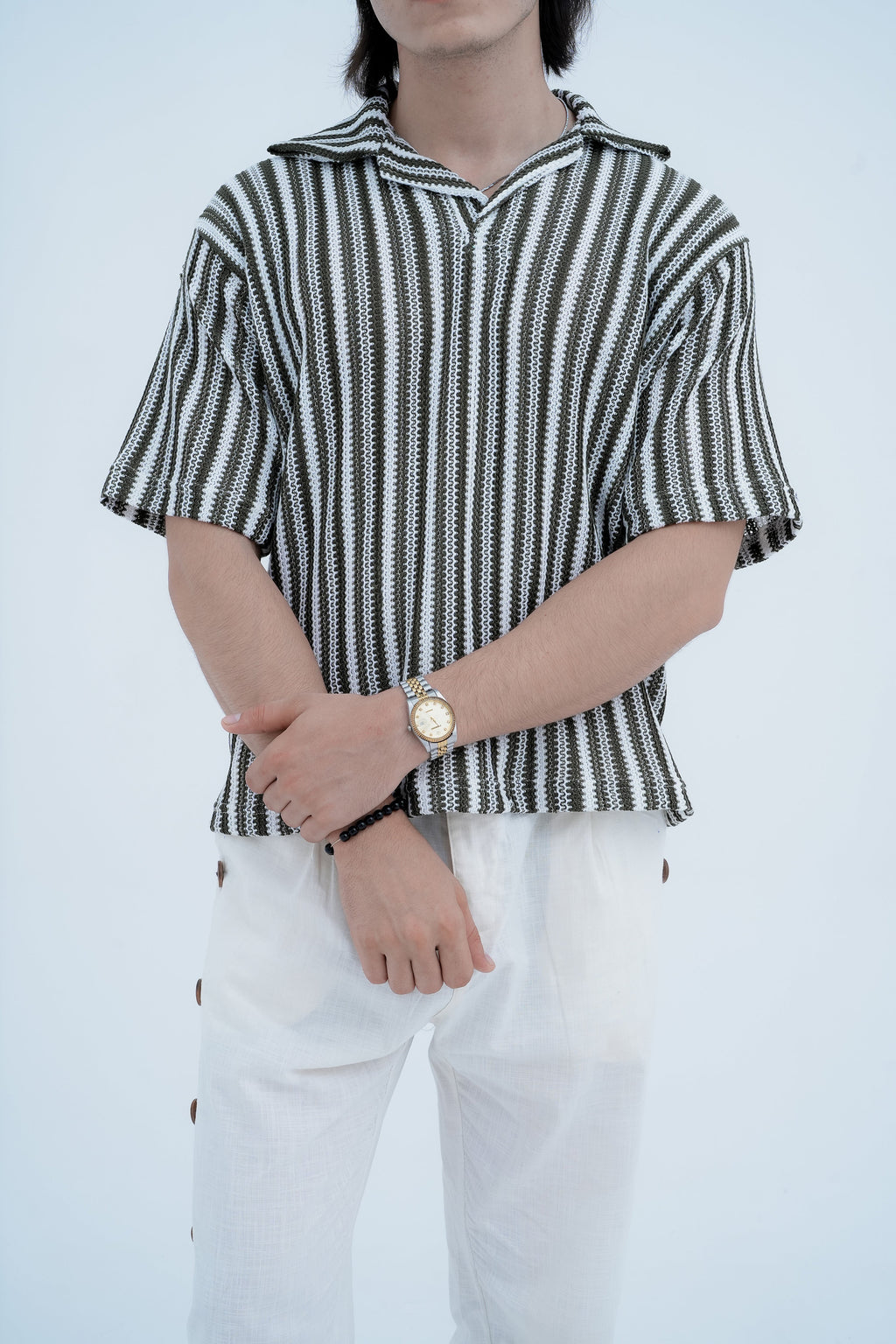 Snap Side Trousers in White - front close up