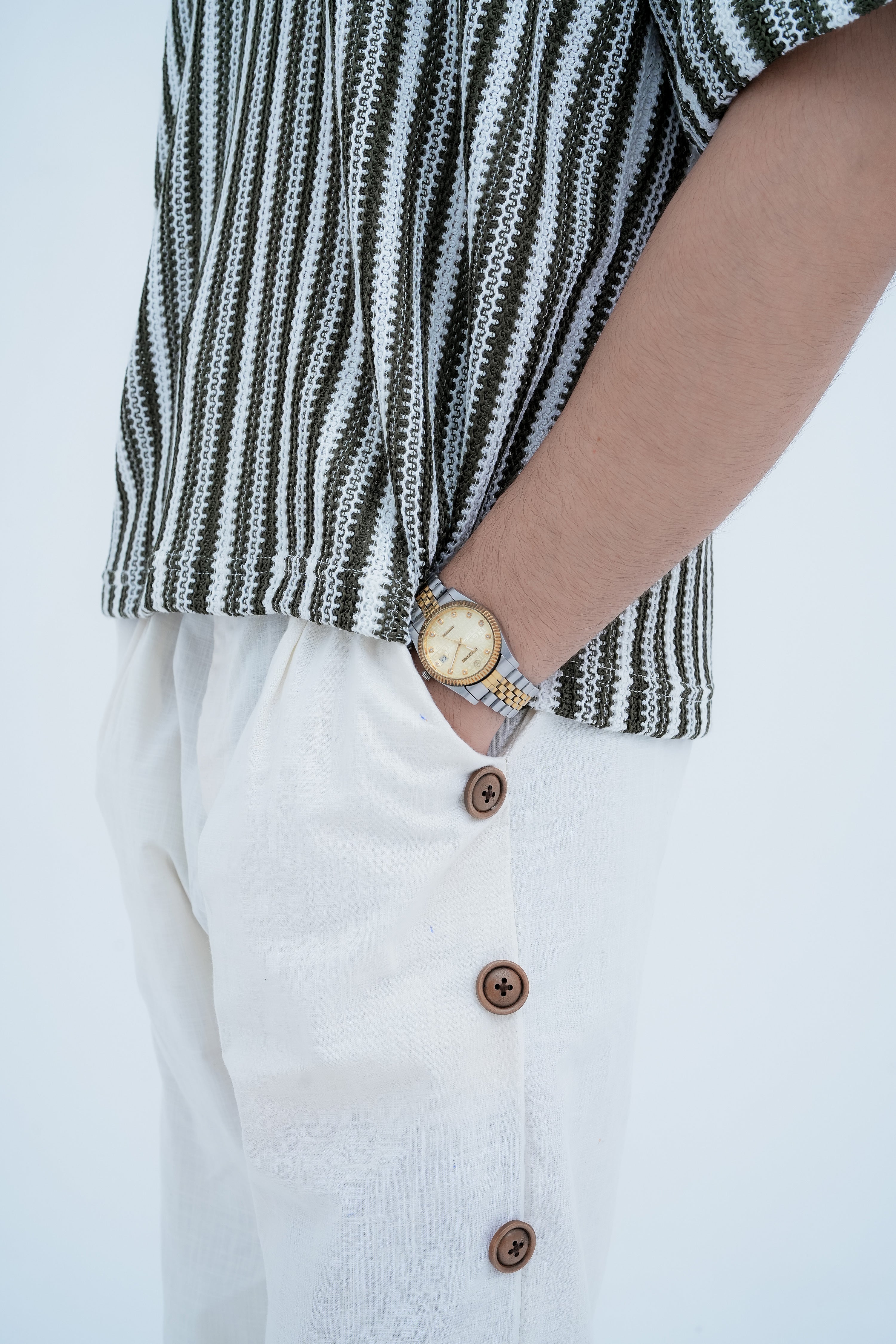 Snap Side Trousers in White - button close up