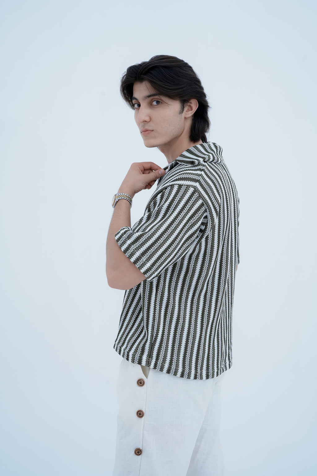 Snap Side Trousers in White - side pose