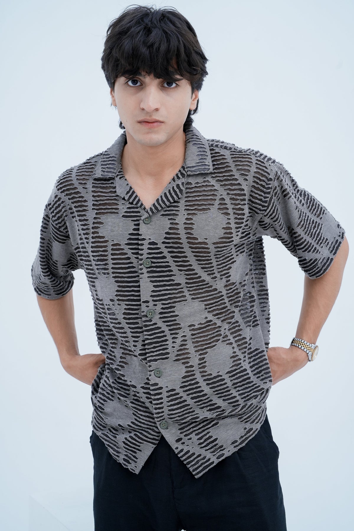 Fog Textured Shirt - front pose hands on hips