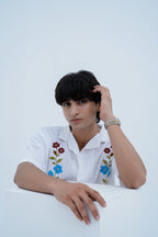 Wildflower Embroidered Shirt - leaning pose