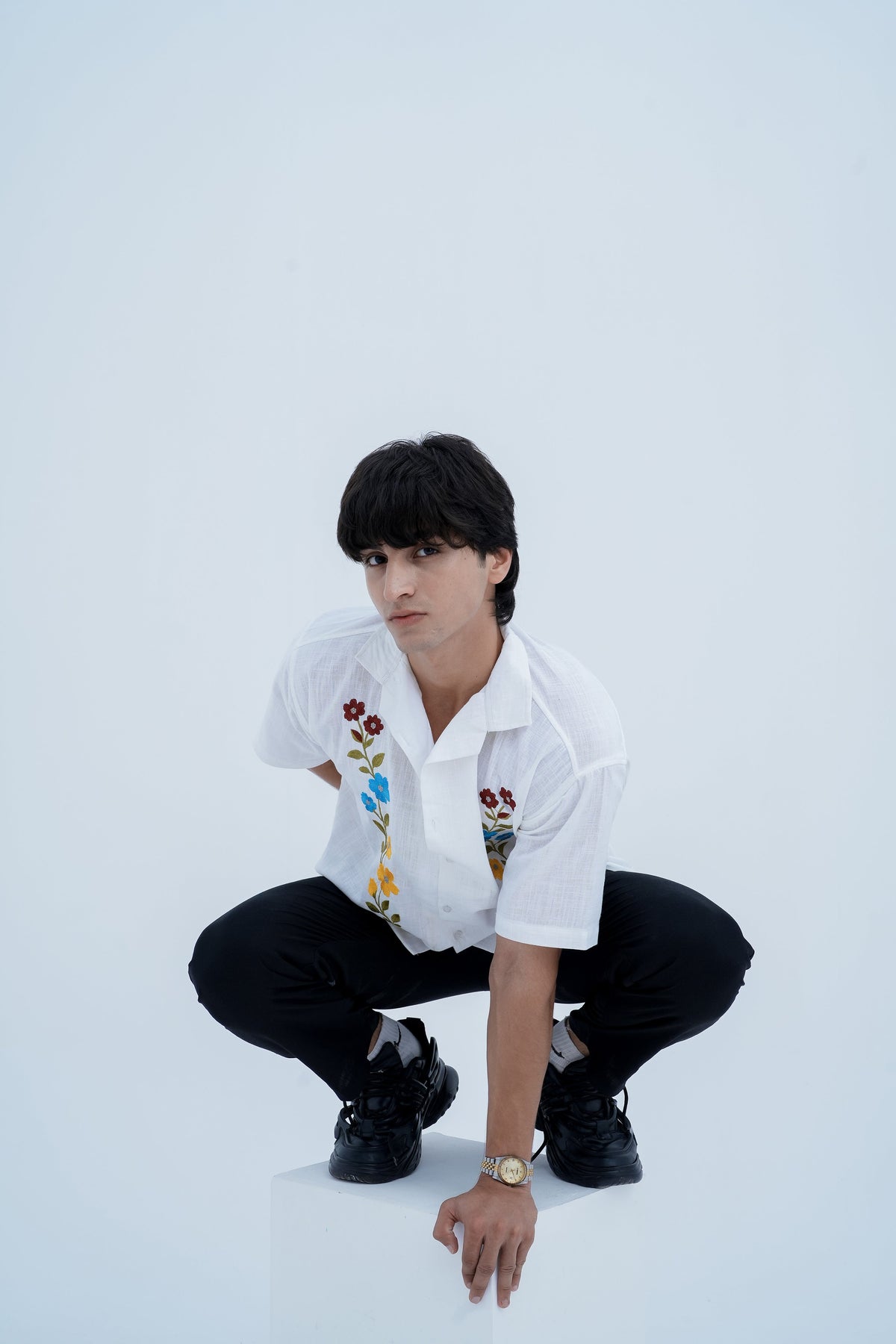 Wildflower Embroidered Shirt - crouched pose