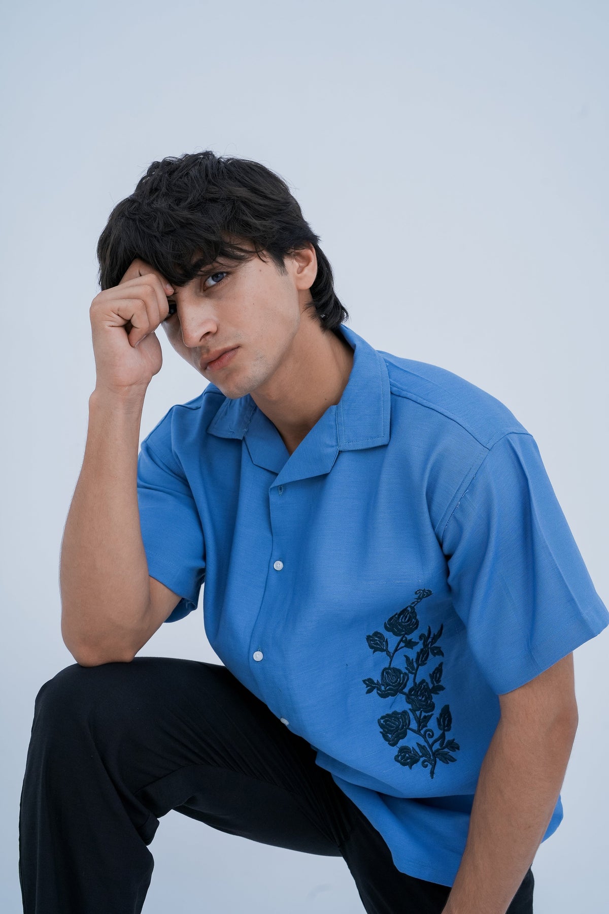 Rosette Embroidered Camp Shirt - crouched pose