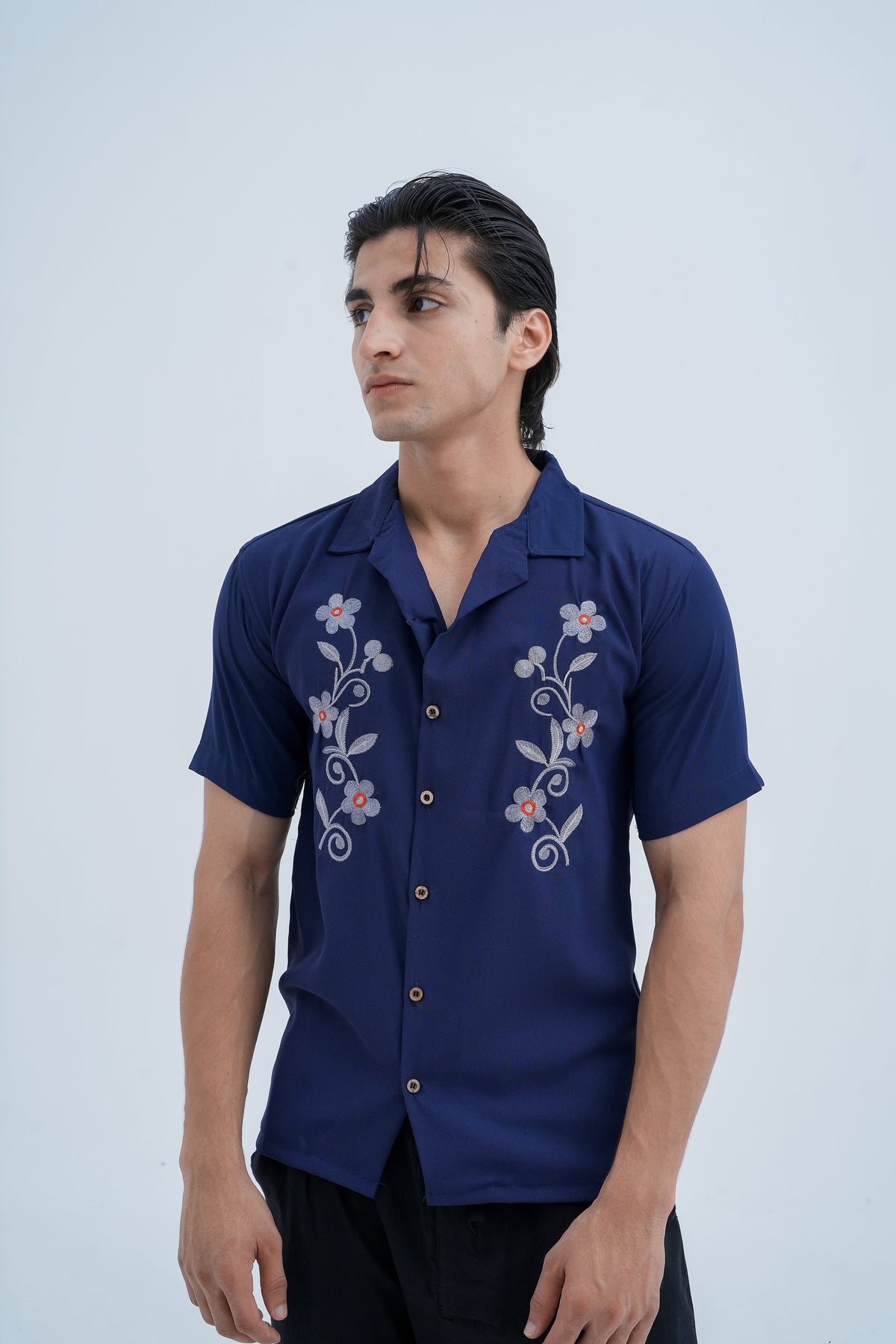 Bloom Embroidered Camp Shirt in Navy - front view standing