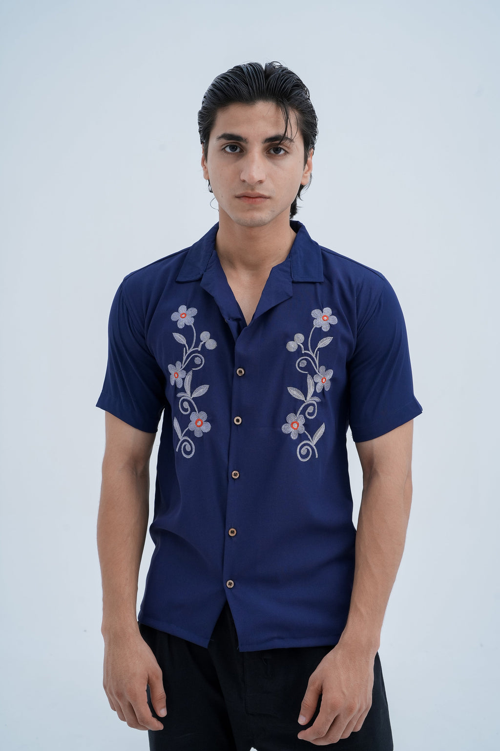 Bloom Embroidered Camp Shirt in Navy - front view