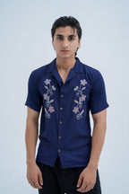 Bloom Embroidered Camp Shirt in Navy - front view
