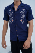 Bloom Embroidered Camp Shirt in Navy - side detail