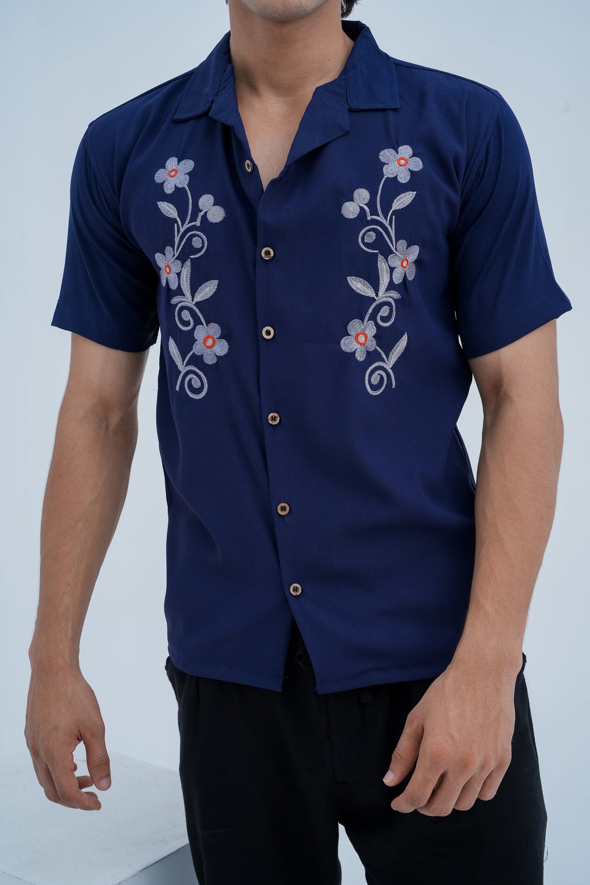 Bloom Embroidered Camp Shirt in Navy - side detail
