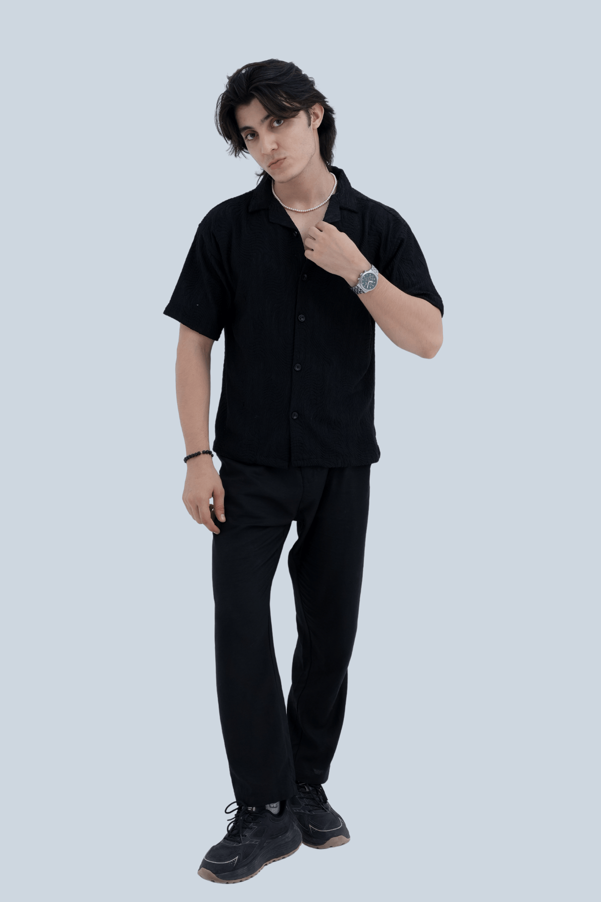 Midnight Wave Textured Cuban Shirt - front view