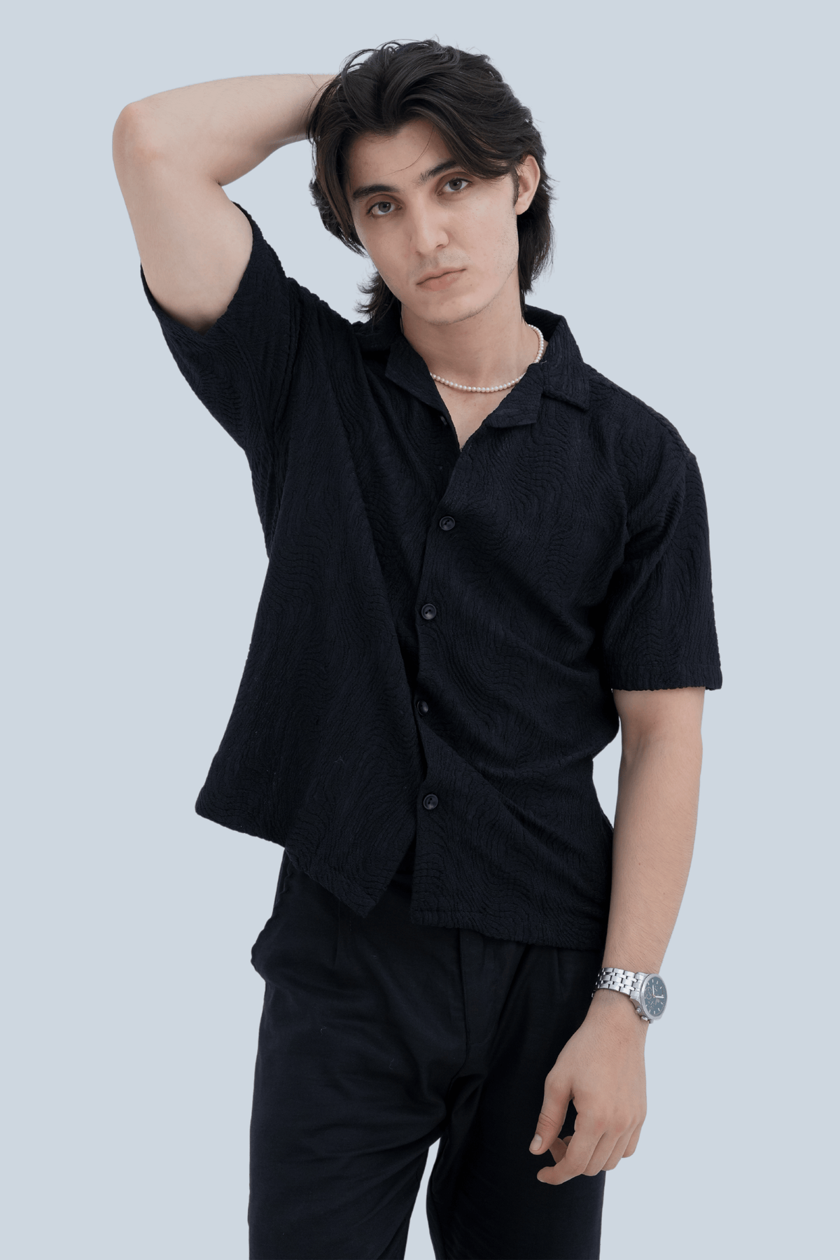 Midnight Wave Textured Cuban Shirt - side pose