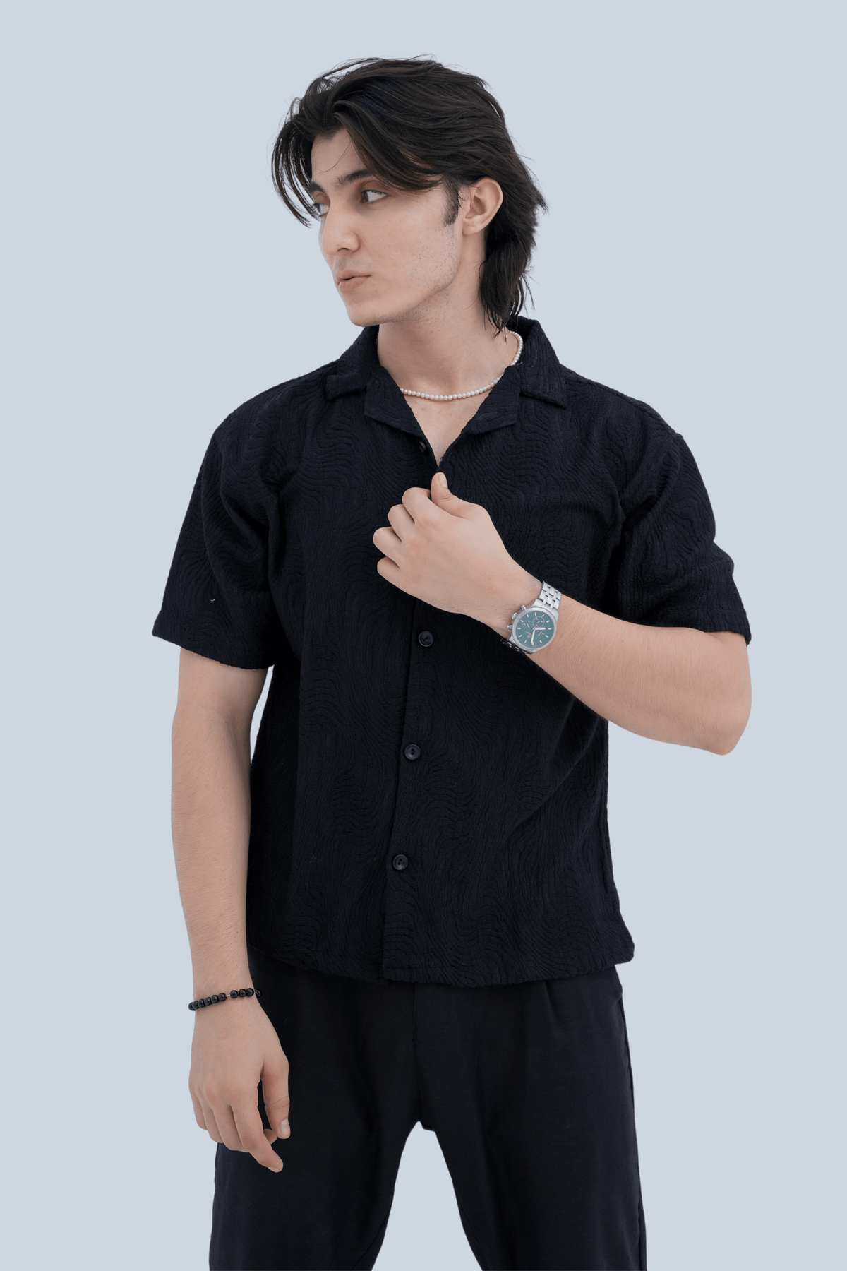Midnight Wave Textured Cuban Shirt - styled front view