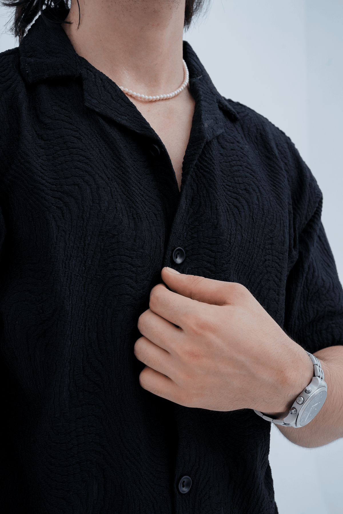 Midnight Wave Textured Cuban Shirt - fabric texture detail