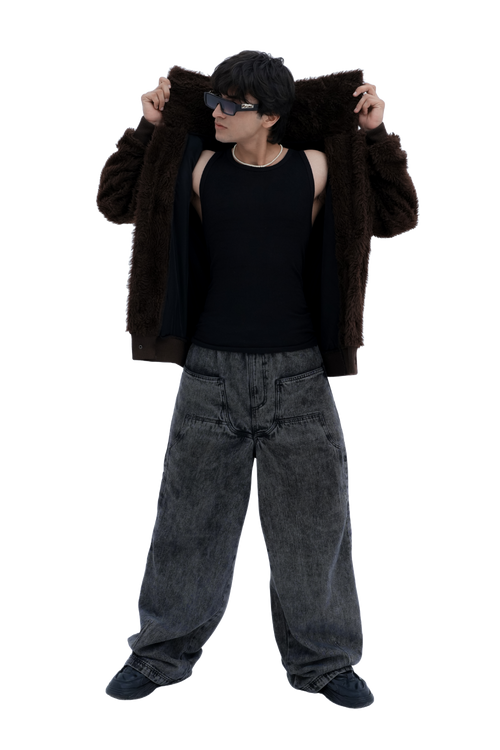 Espresso Faux Fur Jacket - front view worn open