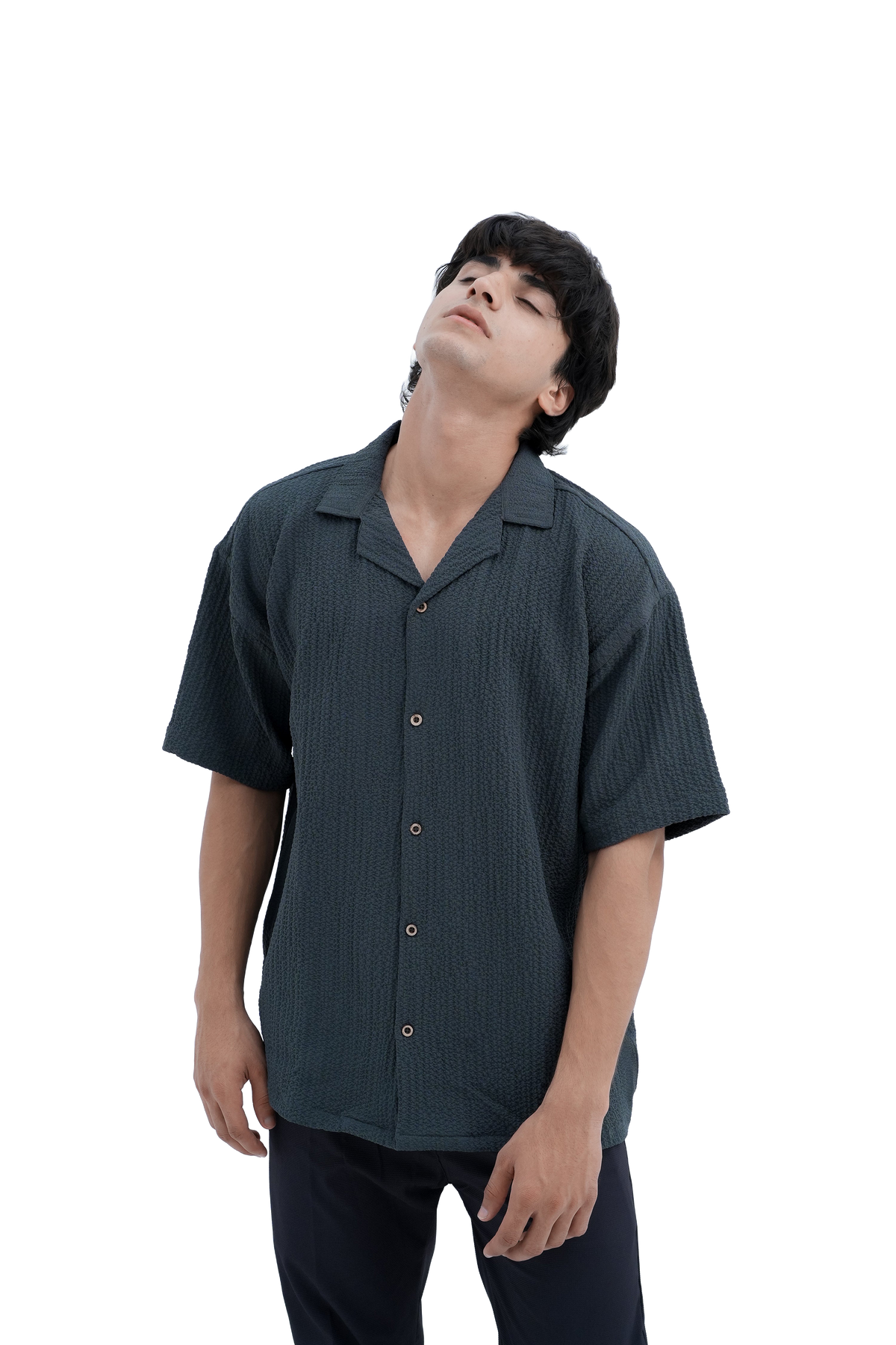 Horizon Camp Shirt in Charcoal - looking up pose