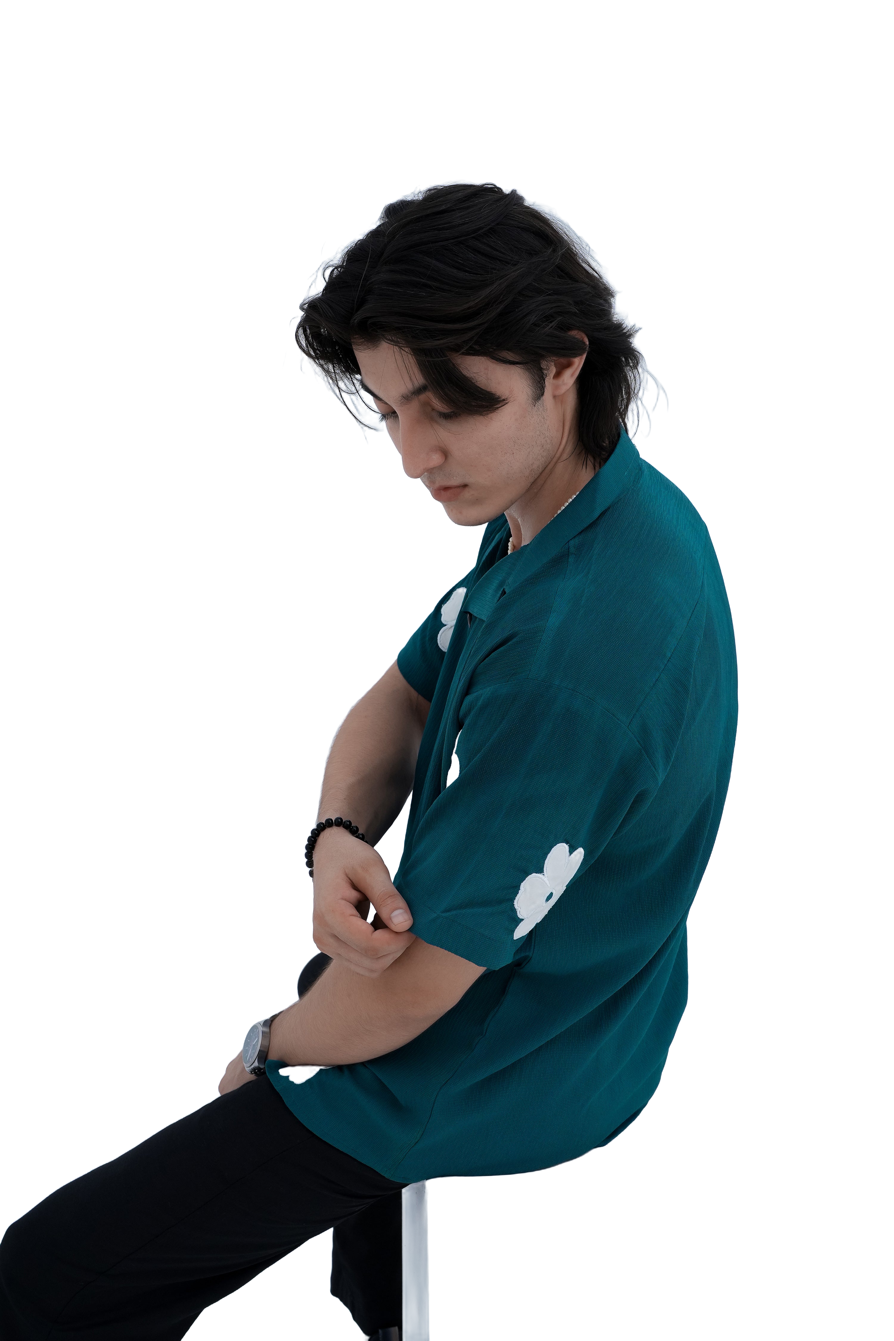 Daisy Patch Shirt - side seated pose